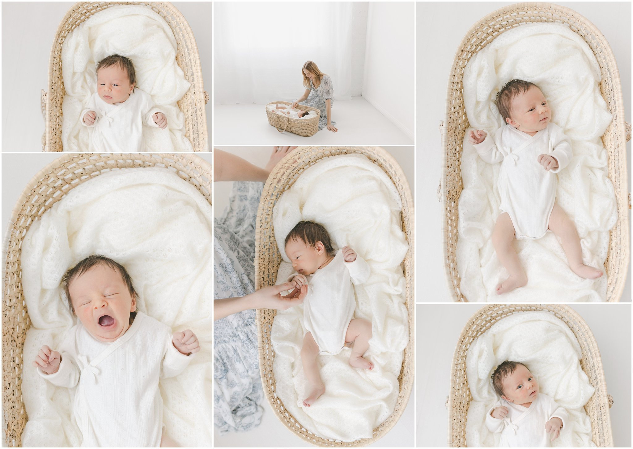 Collage of a baby in a white onesie lying in a wicker basket with soft blankets, and a child sitting nearby.
