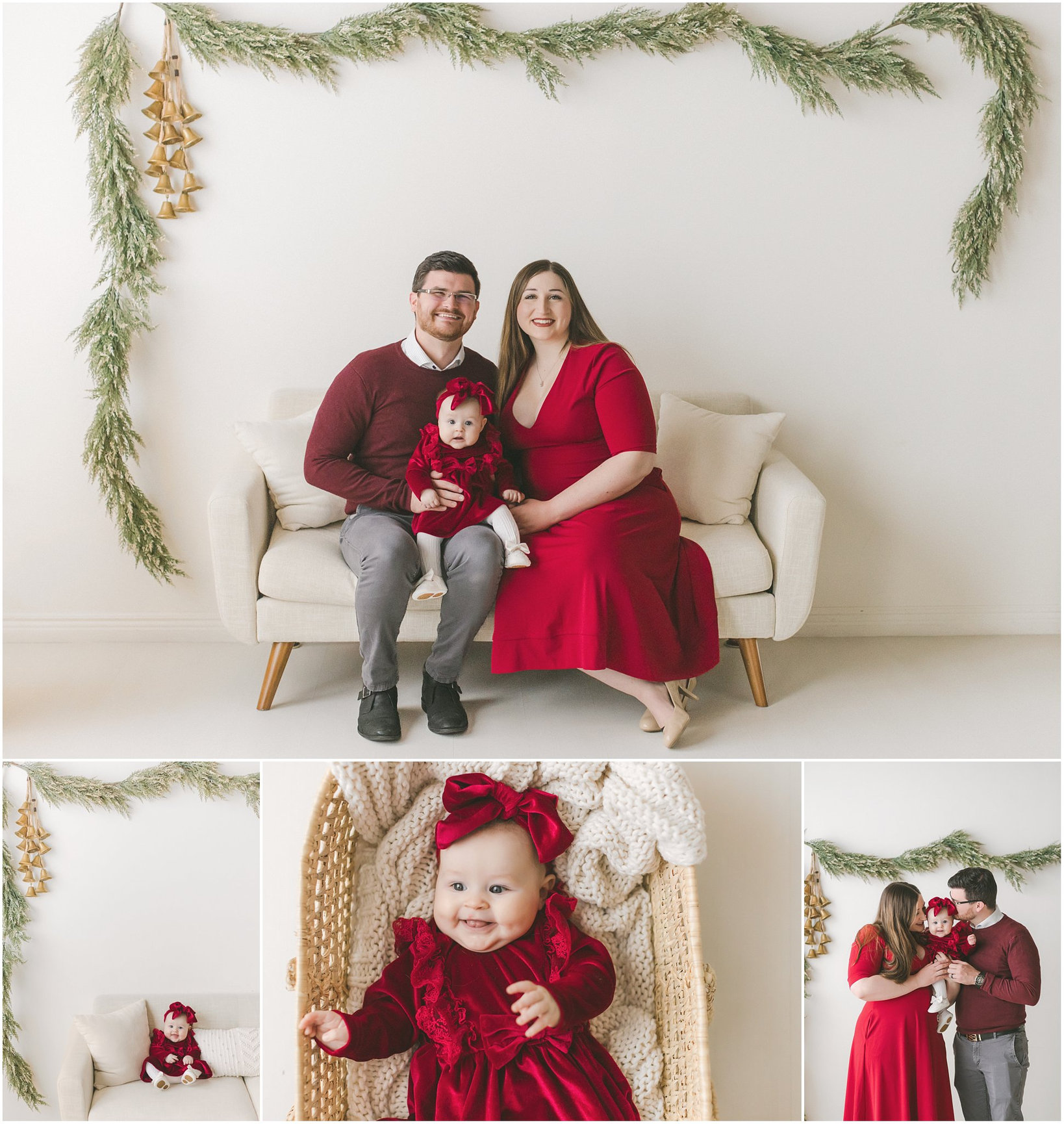 Family in red outfits sitting on a beige couch with greenery decor; baby in a basket; parents with baby close-up.