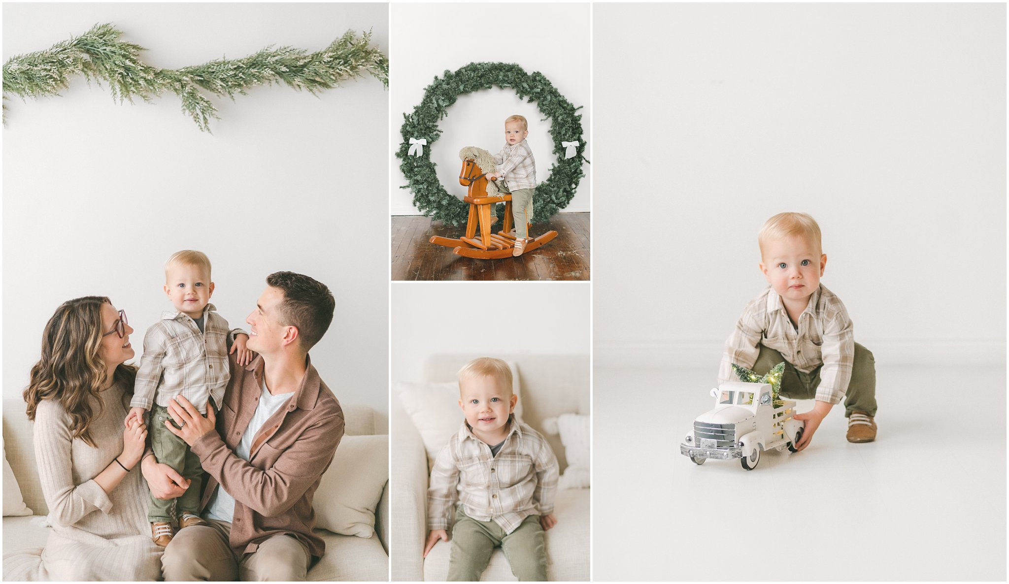 A family with a young child sitting on a sofa, a child near a wreath, and the child playing with toys on the floor.