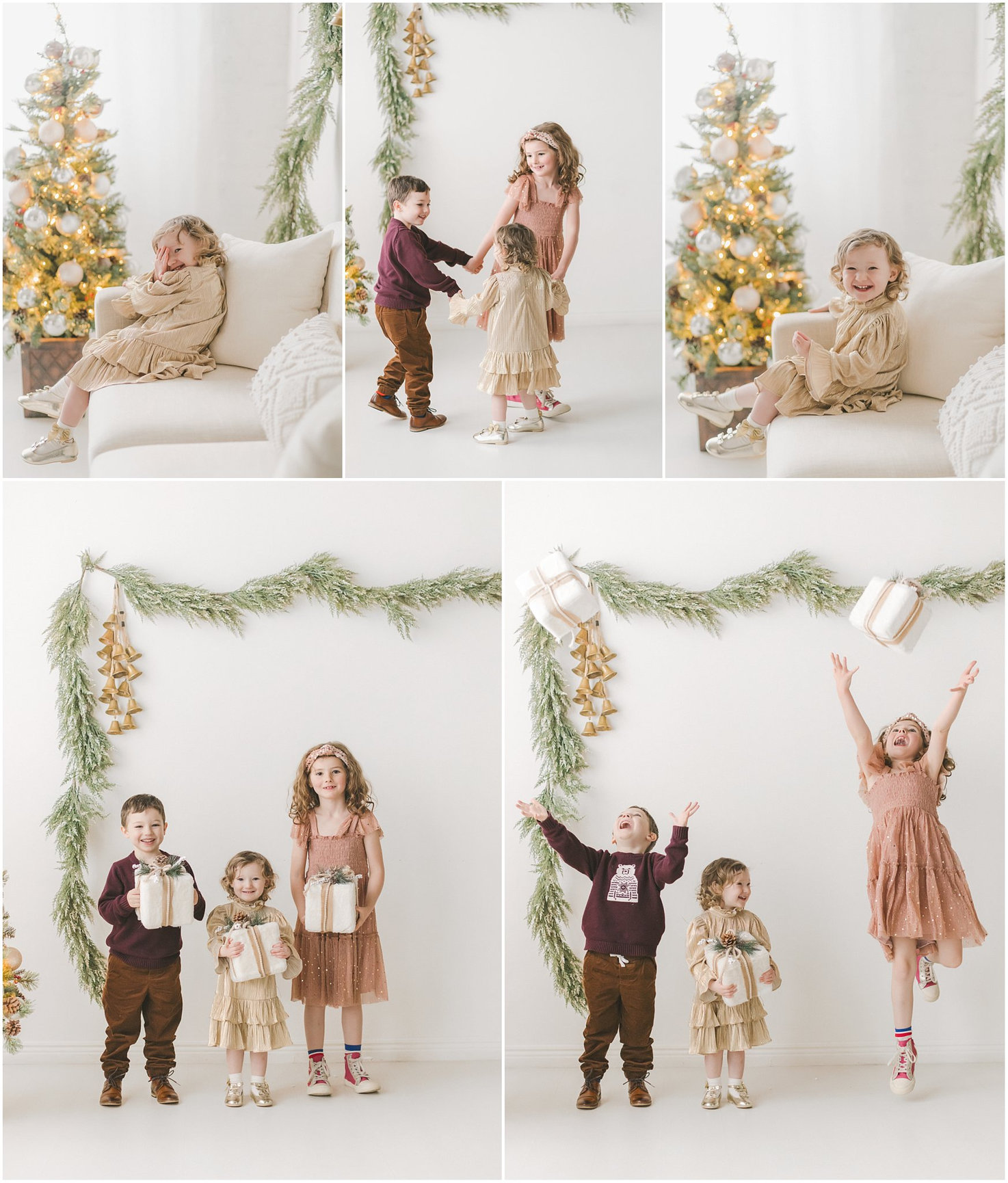 Children in festive outfits pose and play by a decorated Christmas tree with garlands and gifts.