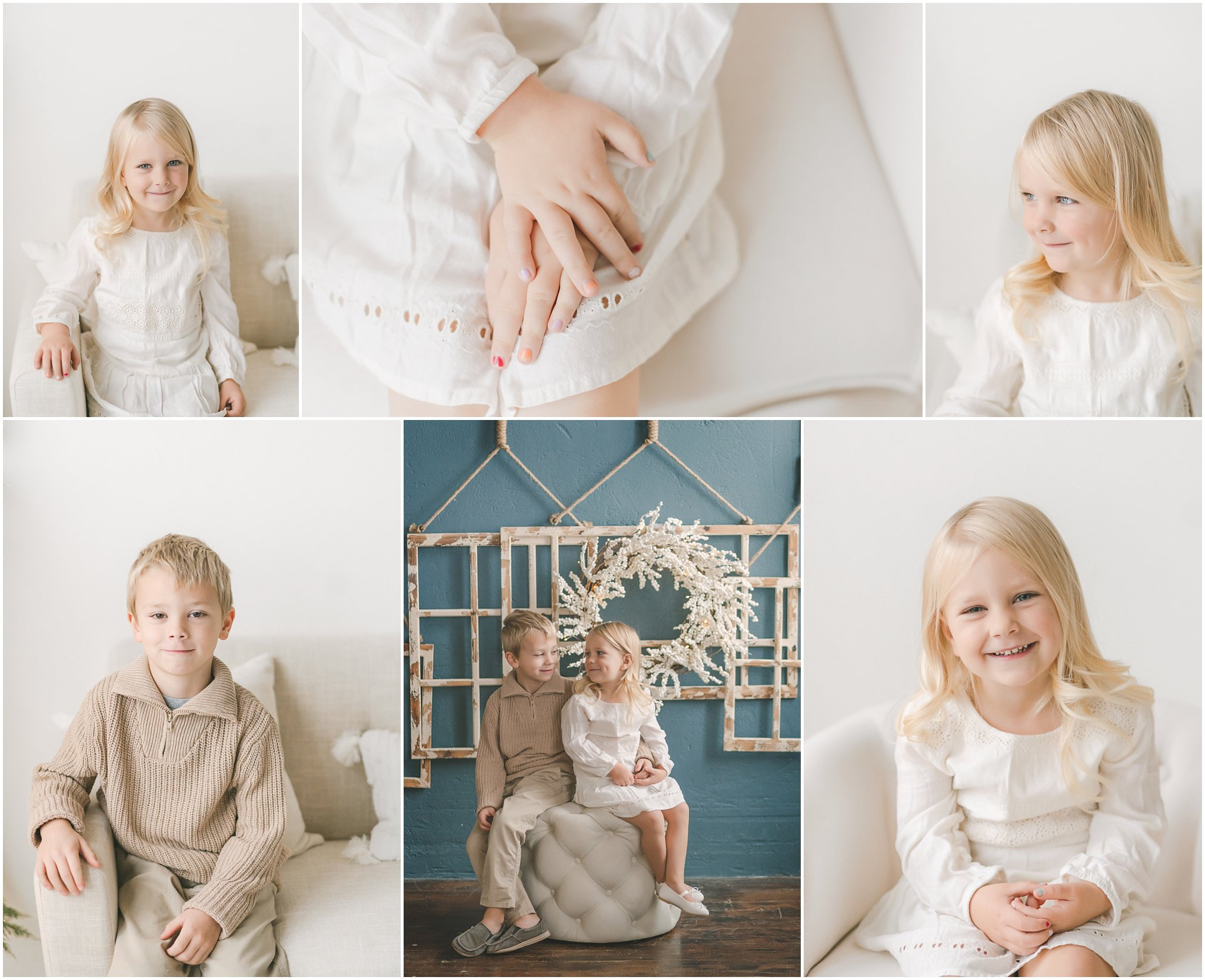 Collage of children; close-ups of hands and smiling faces, central image of two kids seated in front of a decorative backdrop.
