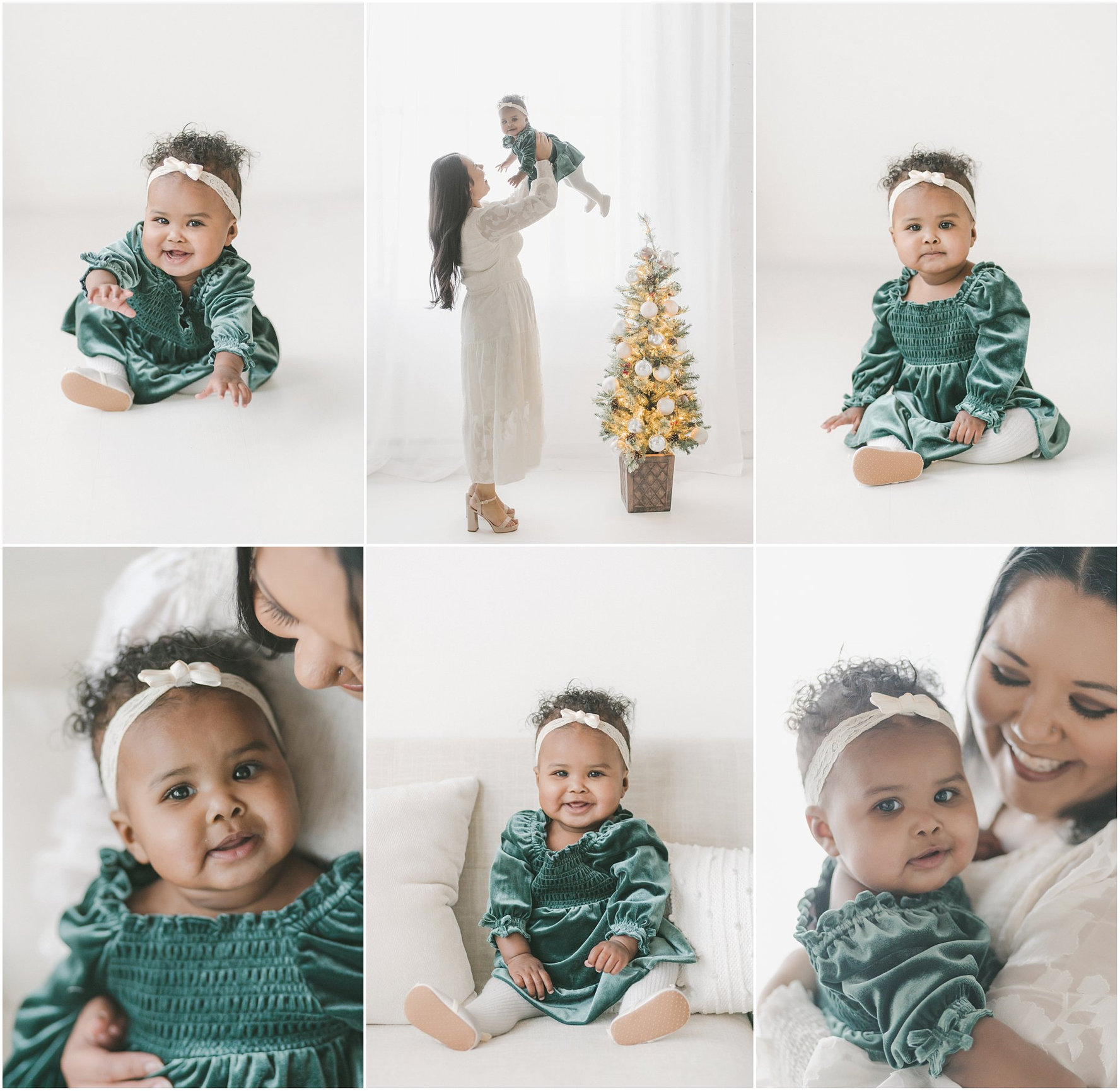 A collage of a baby in a green dress with a woman, a small Christmas tree, and a close-up of their smiling faces.