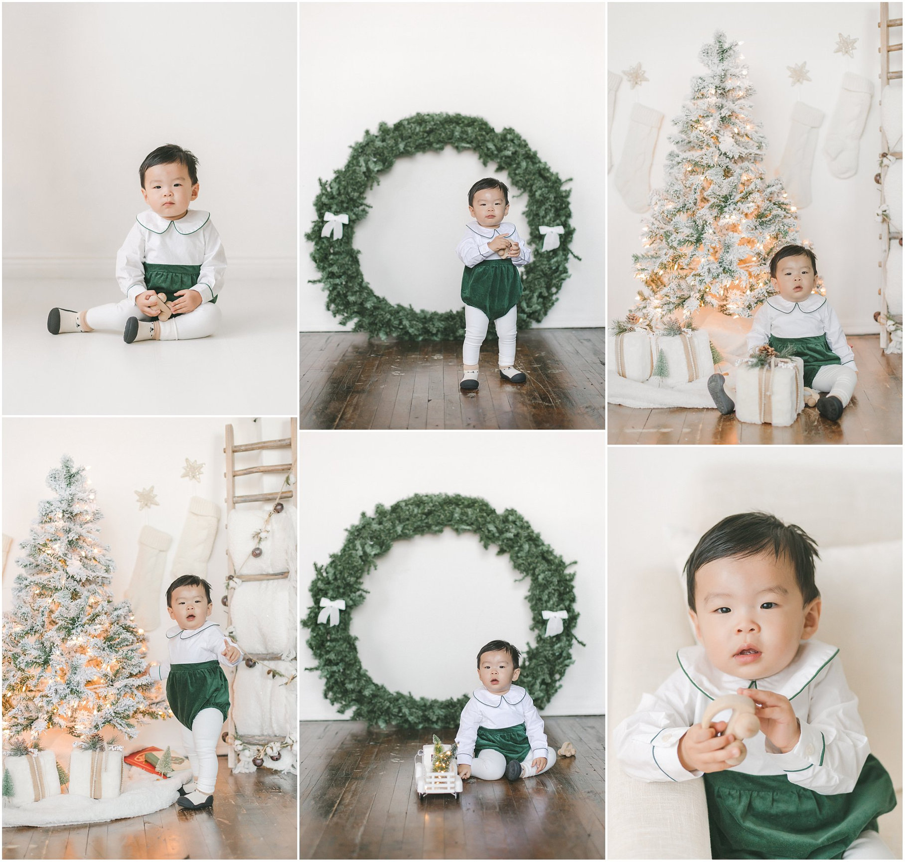 Collage of a child in green overalls, Christmas tree, and a large wreath.