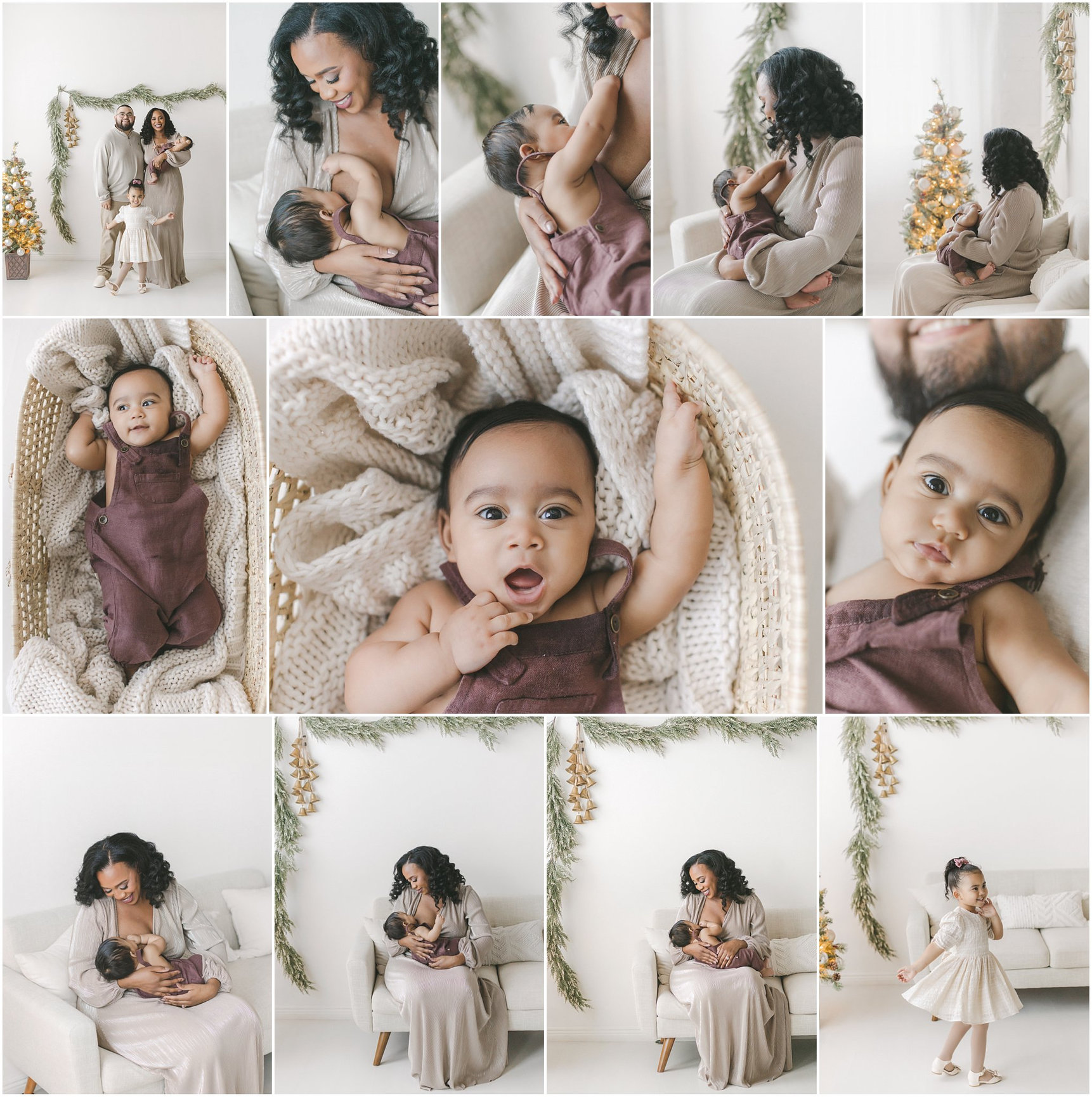 A collage of a mother and baby in a cozy setting with a Christmas tree and soft lighting.
