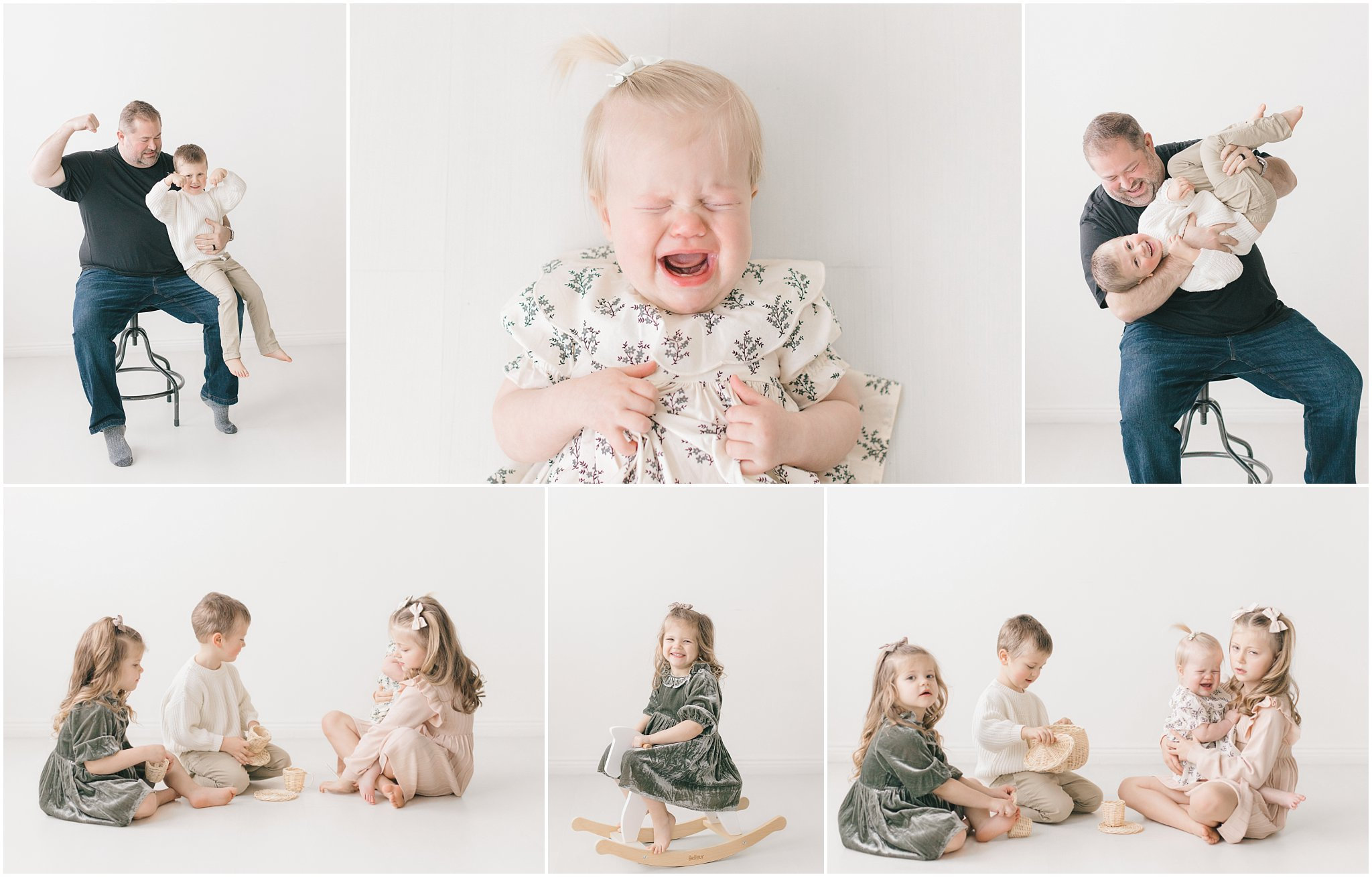 Adults and toddlers interacting; toddlers are crying and playing on a white background.