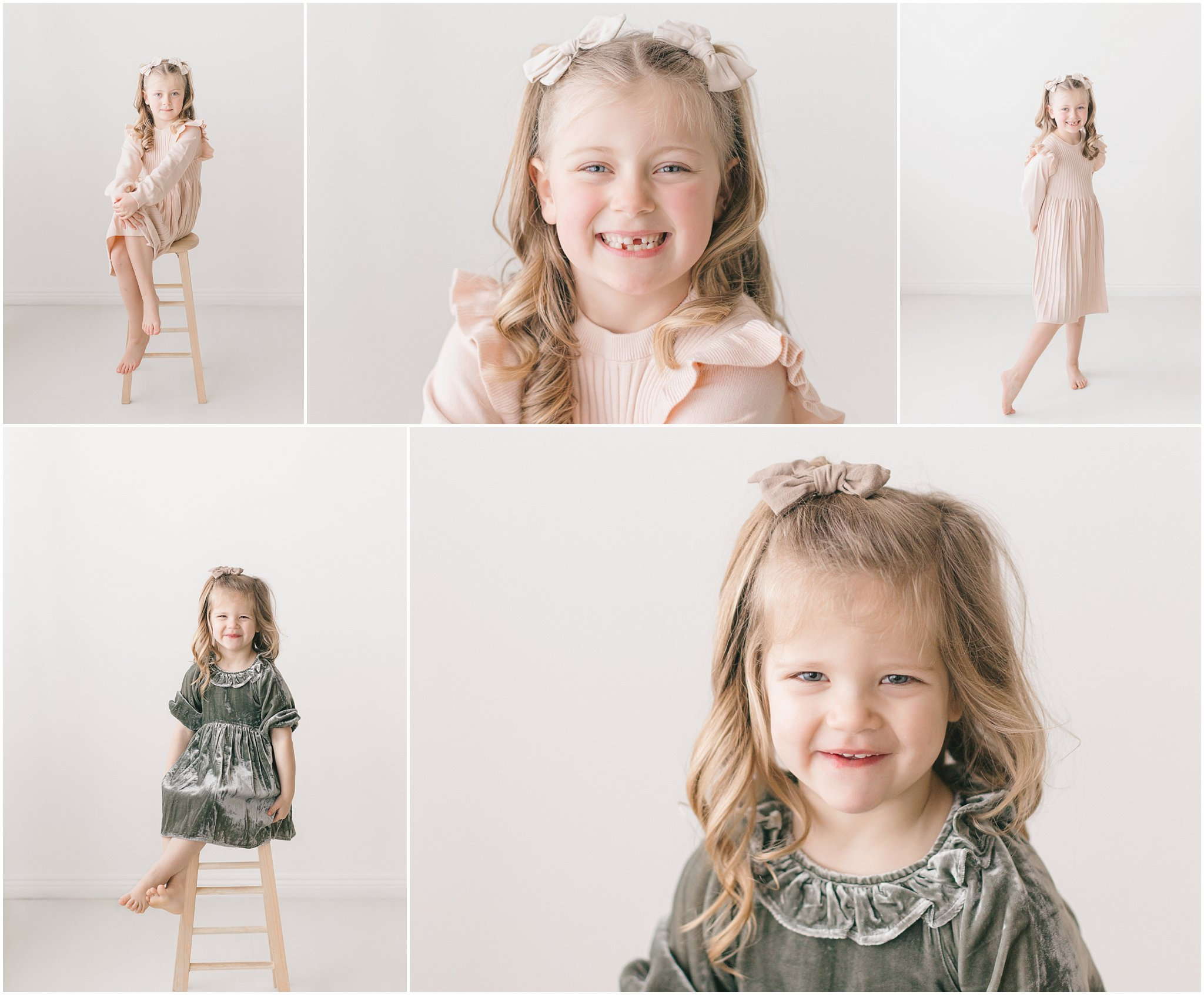 Collage of a young girl in various poses, wearing light pink and green dresses, smiling in a bright studio setting.