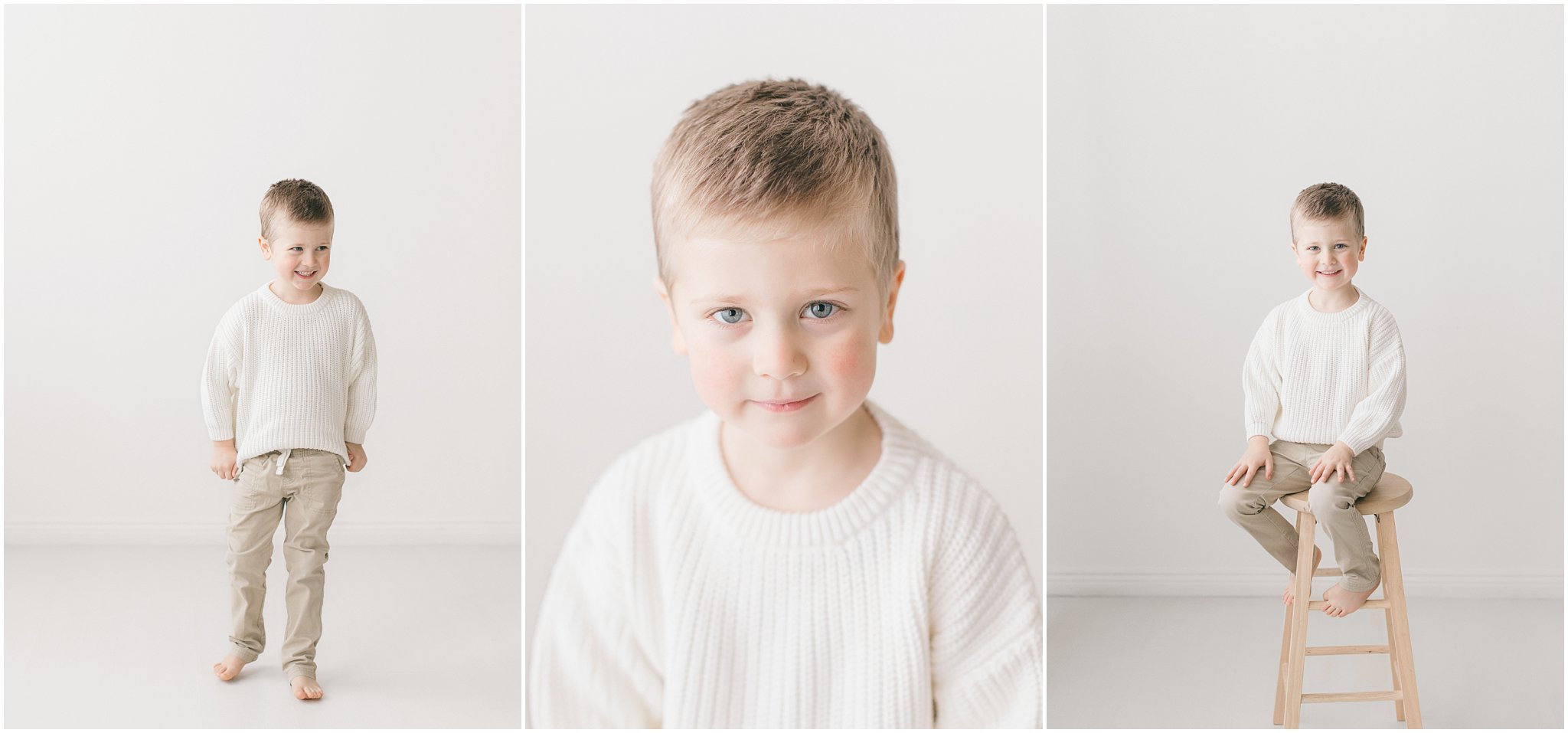 Triptych of a young boy in beige pants and white shirt: standing, close-up, and sitting on a stool against a white background.