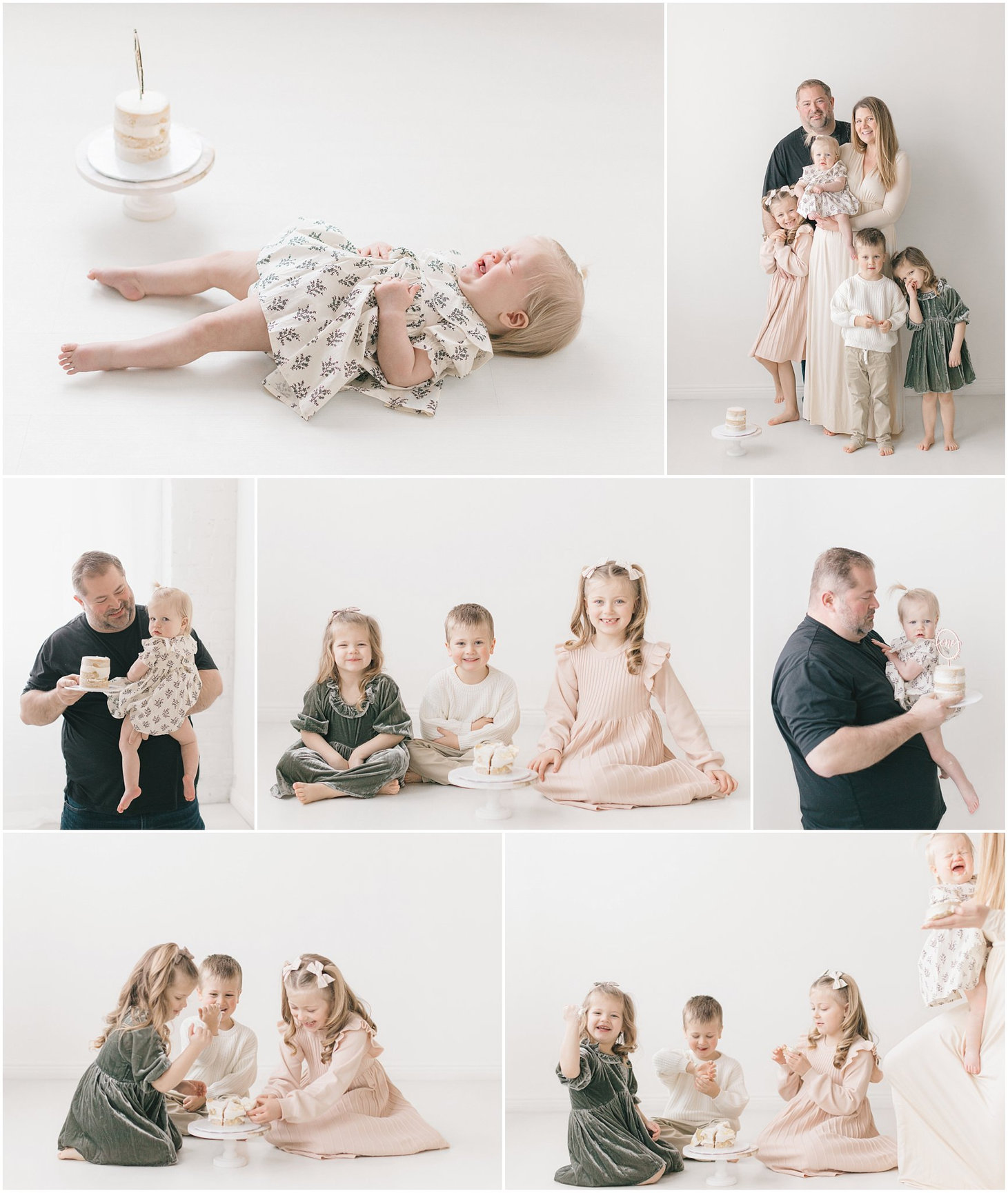 Collage of a family with young children in casual poses and a sleeping baby, all set against a white background.