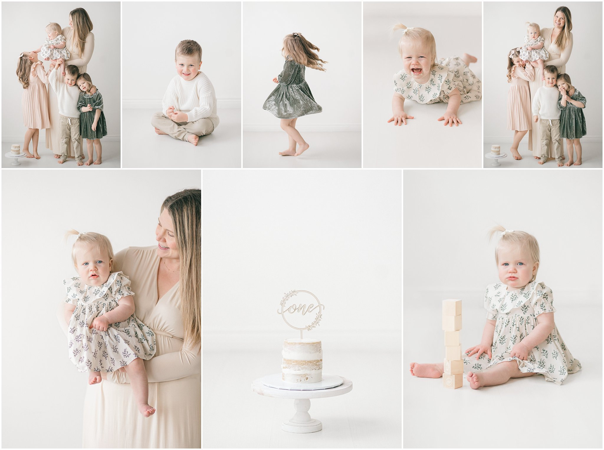 Collage of children and a woman, including a toddler with a small cake and a child playing with blocks.