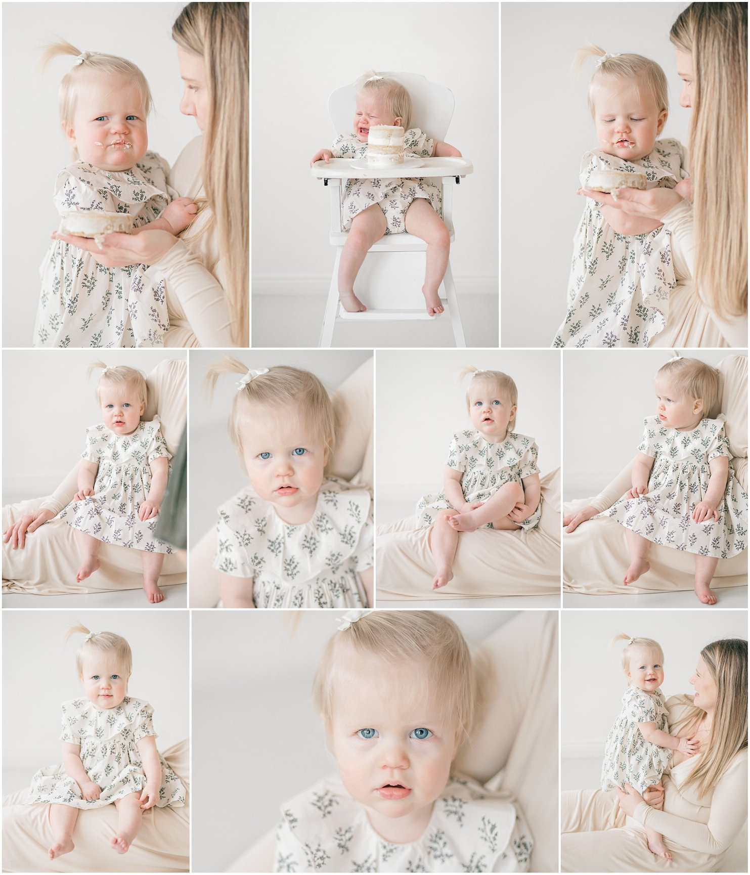 A collage of a baby in a patterned outfit, posed on a chair and held by a person, with soft lighting.