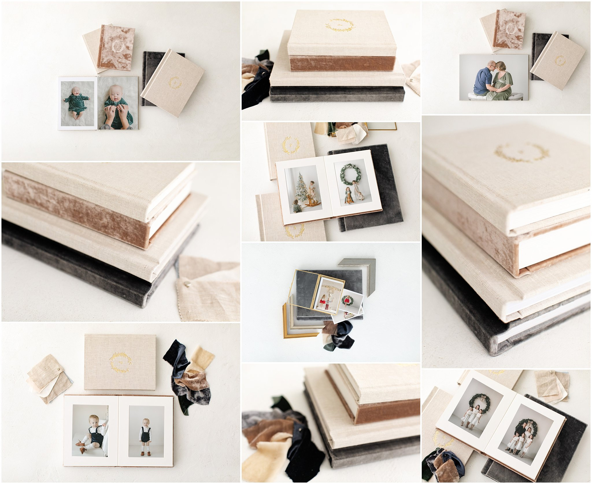 Collage of elegant photo albums and prints with beige and black covers, accompanied by fabric swatches and envelopes.