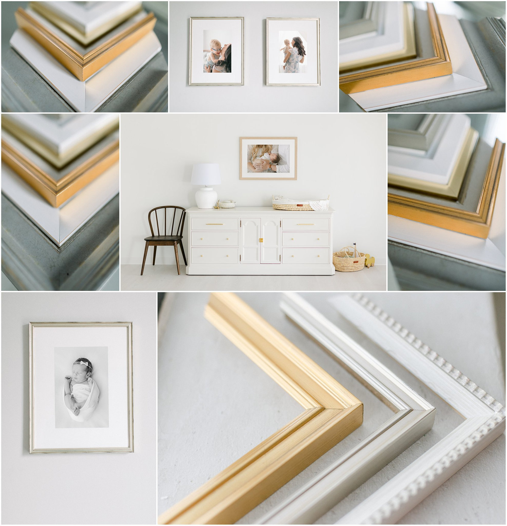 Collage of photo frames in different finishes and a room with wall art and a dresser.