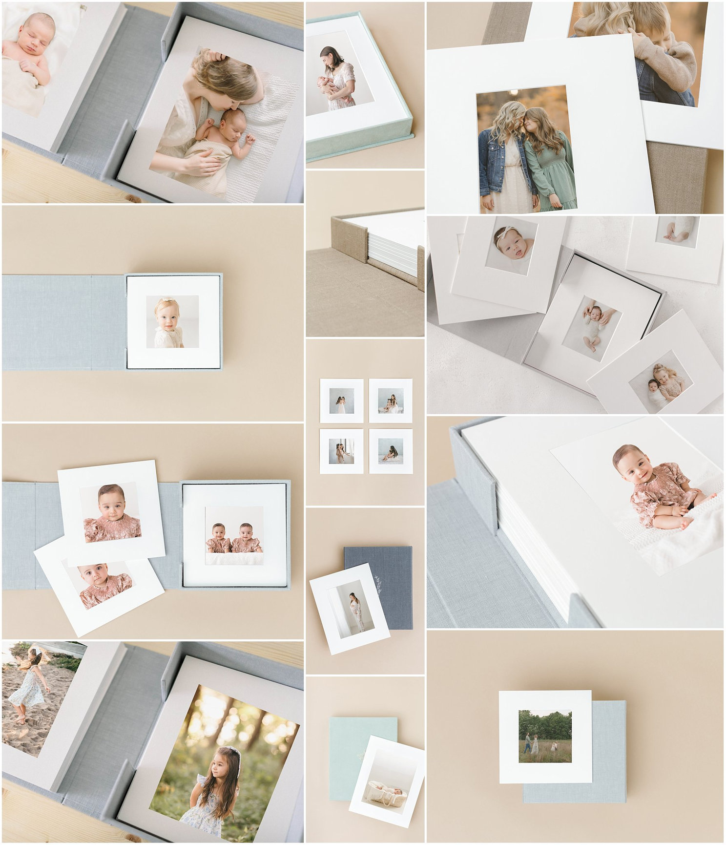 Collage of photo albums showcasing infant and child portraits in elegant, minimalist packaging.