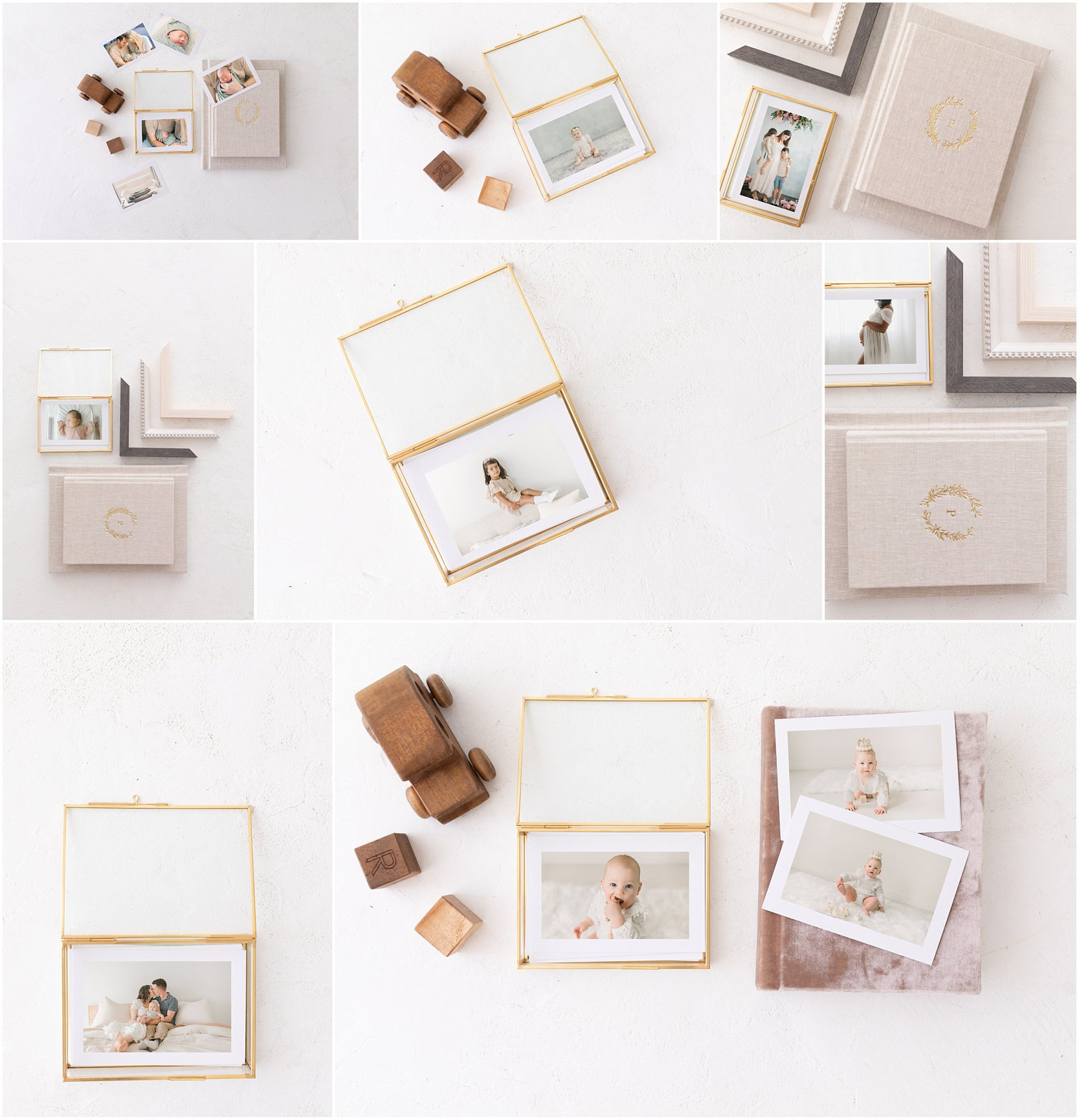 Collage of photo albums with portraits and open album pages on a white background.
