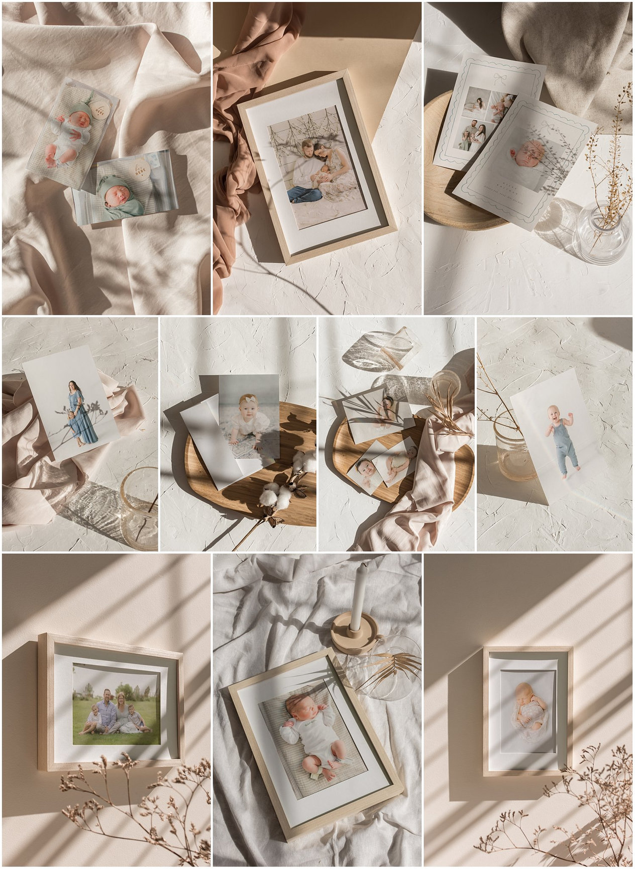 Collage of framed art prints on a beige fabric with soft shadows and sunlight.