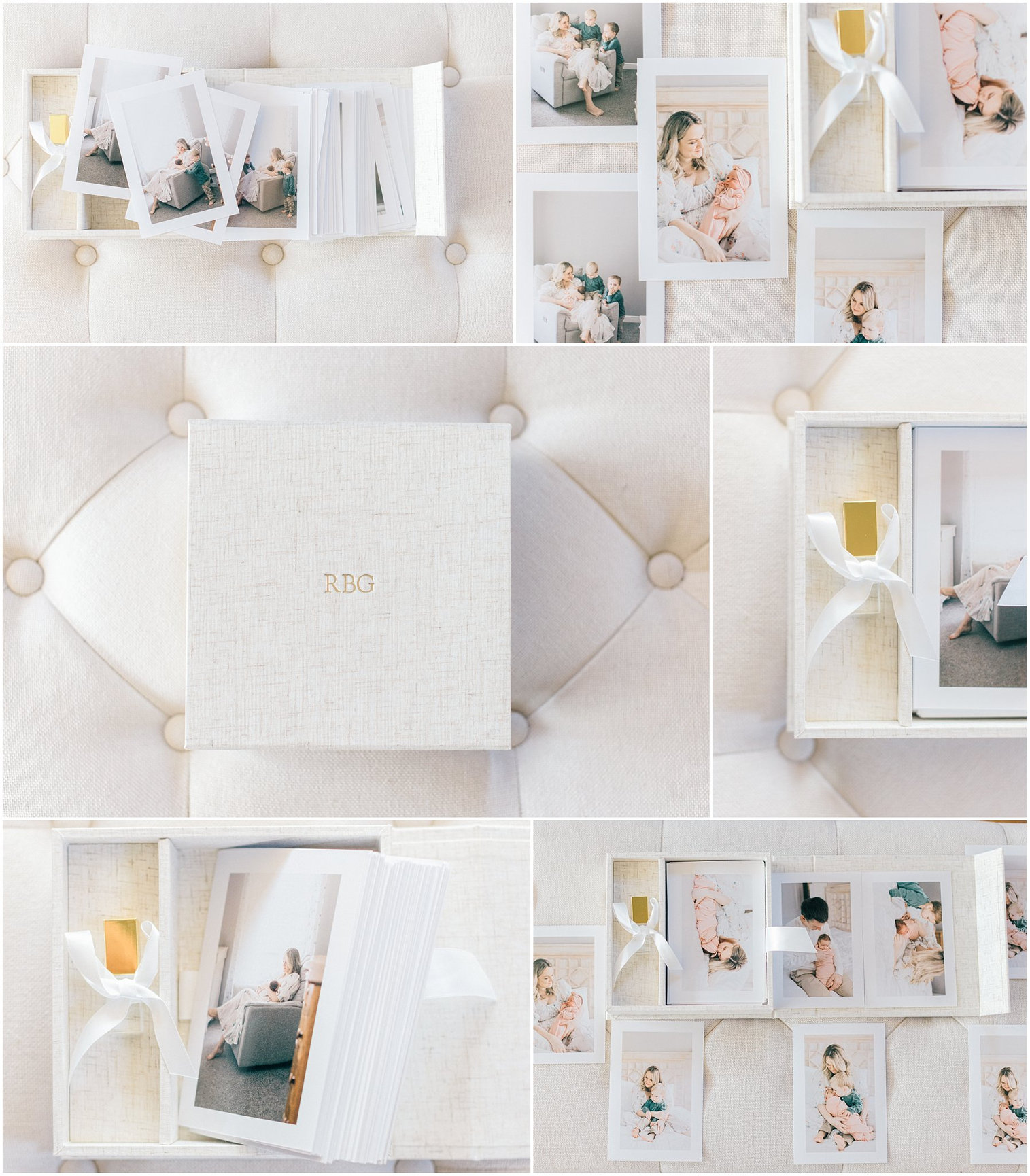 Collage of a white photo album with multiple pages open, showcasing baby photos on a light background.