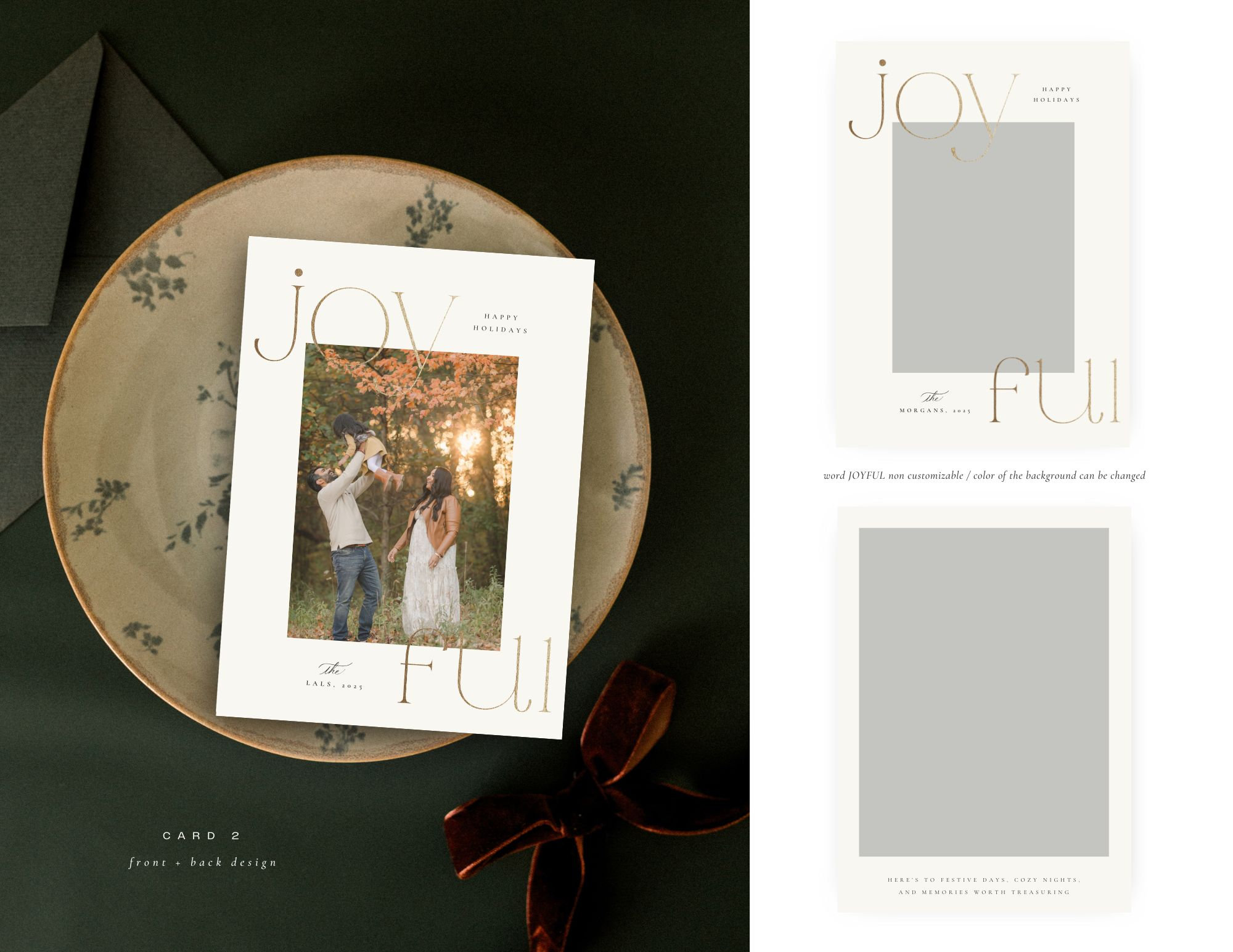 Card with Joy & Peace message on a decorative plate, featuring a couple's photo and gift box nearby.