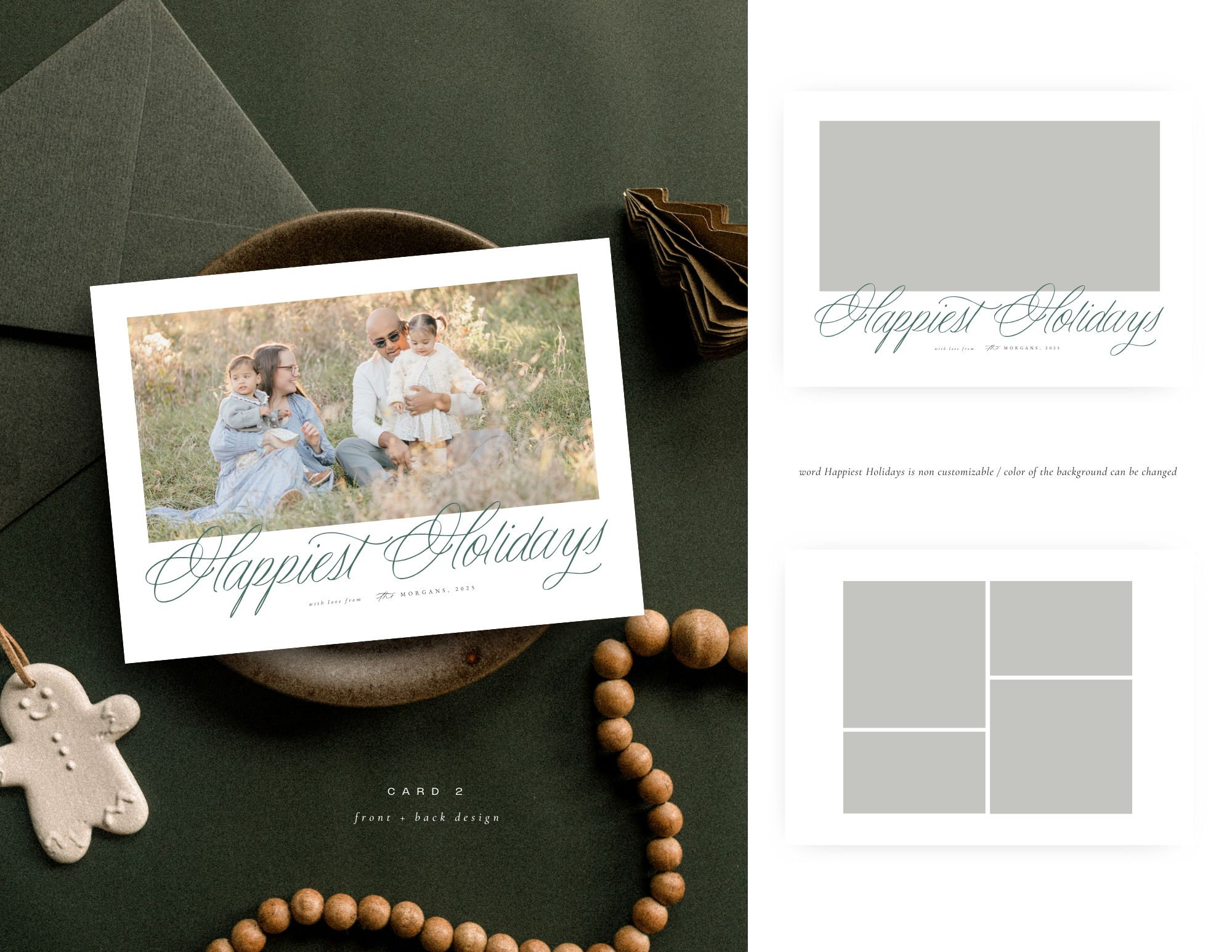 Holiday card on a dark surface with beads and an envelope, featuring a family photo and the text Happy Holidays.