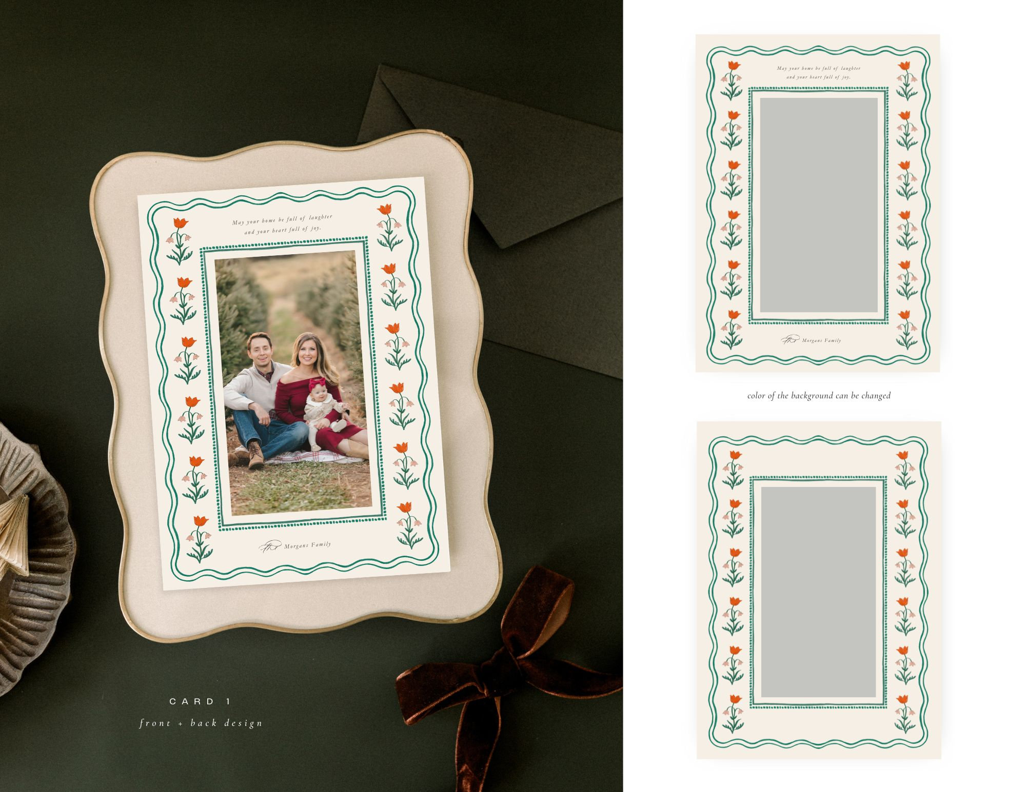 Decorative photo frame with family picture; adjacent template previews with floral border motif.