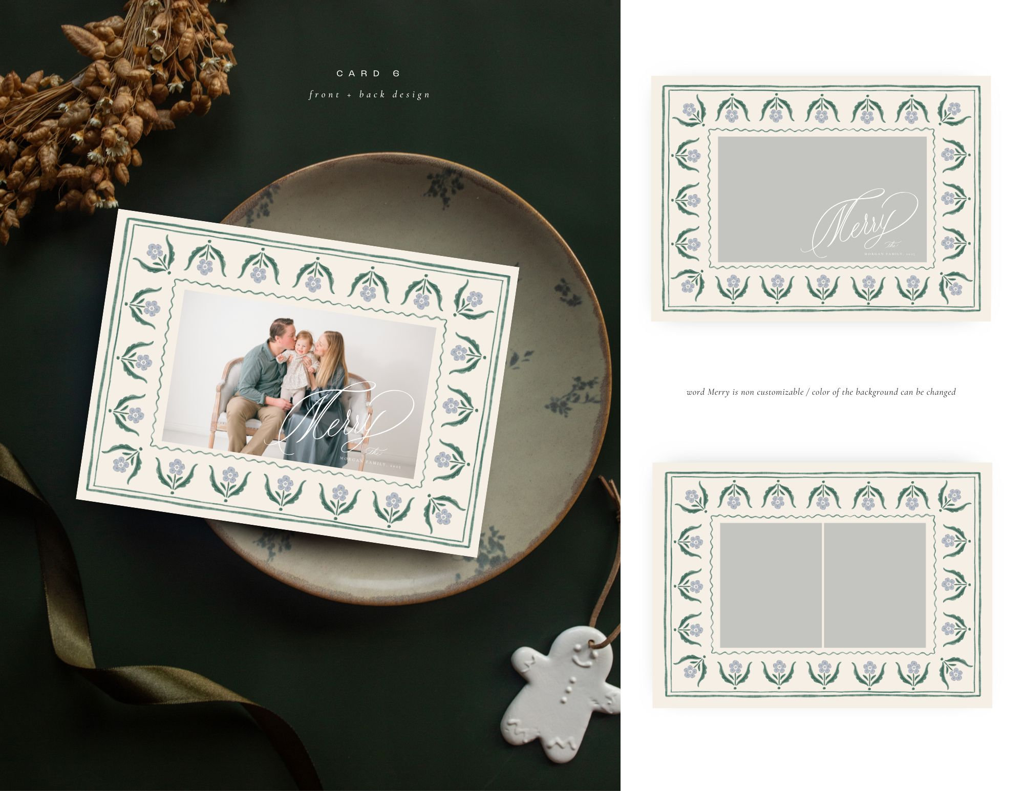 Holiday card with a couple's photo, placed on a plate with greenery pattern and gingerbread decoration.