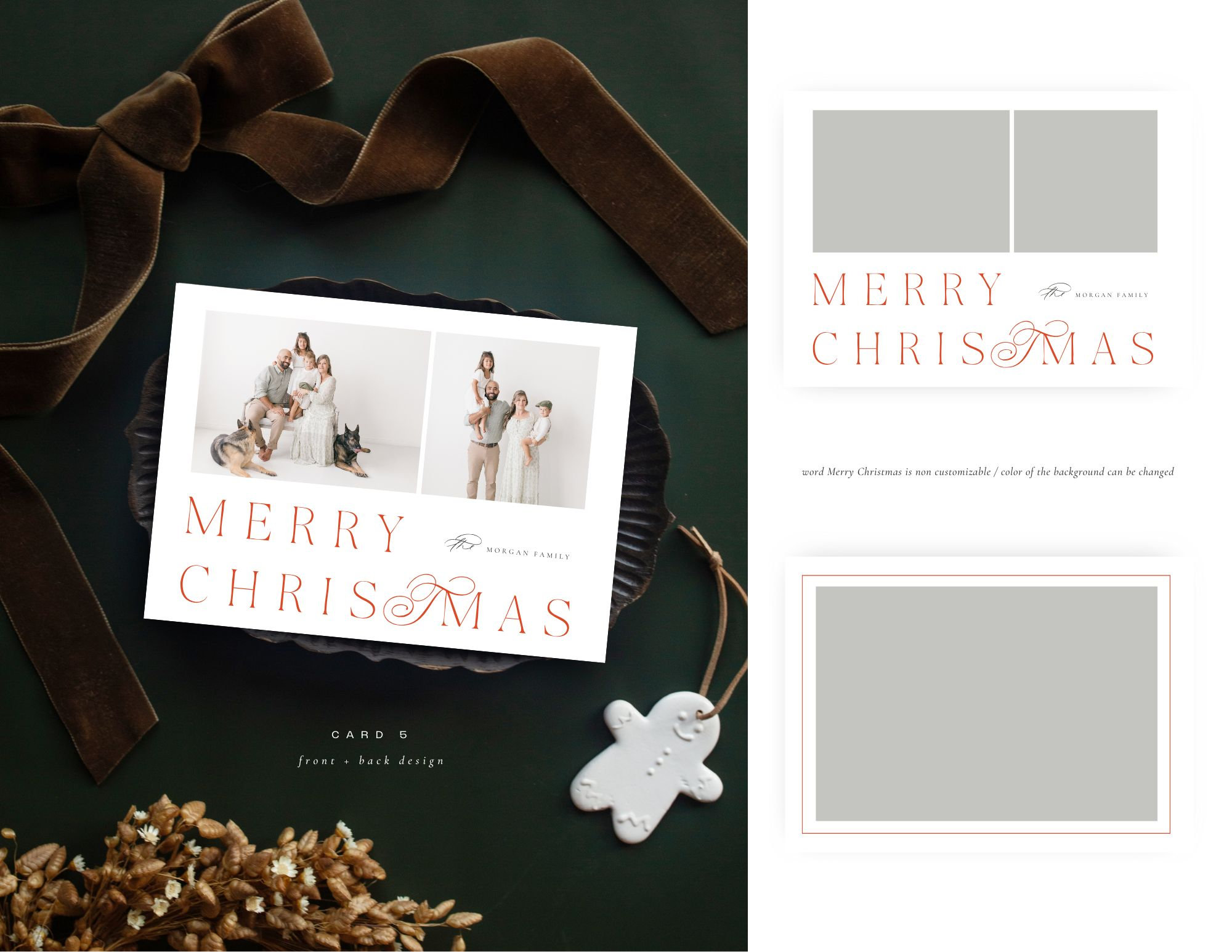 Christmas card with family photos, Merry Christmas text, brown ribbon, and a gingerbread-shaped ornament on a green background.
