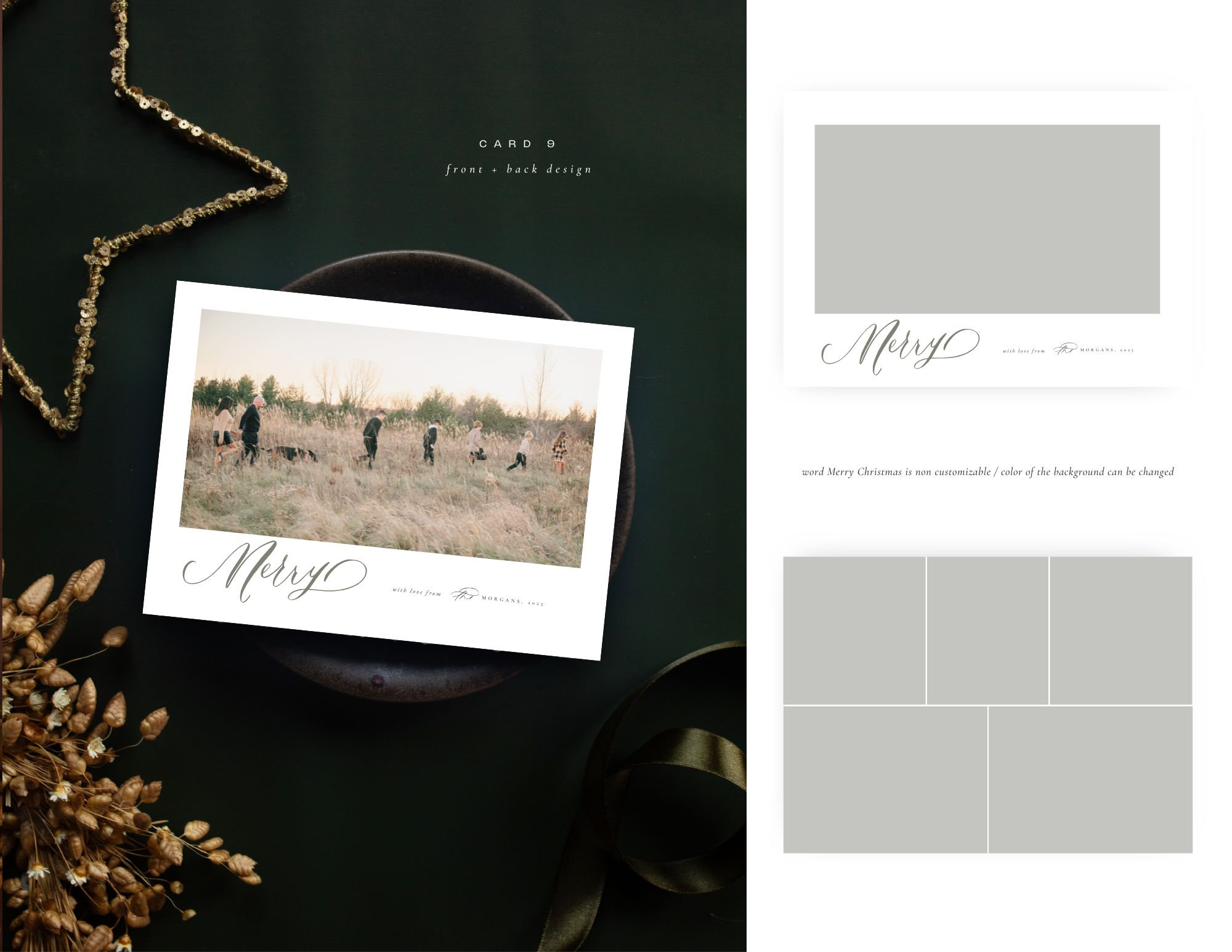 A holiday card with a photo of people in a field, placed on a dark surface with a star ornament and ribbon.