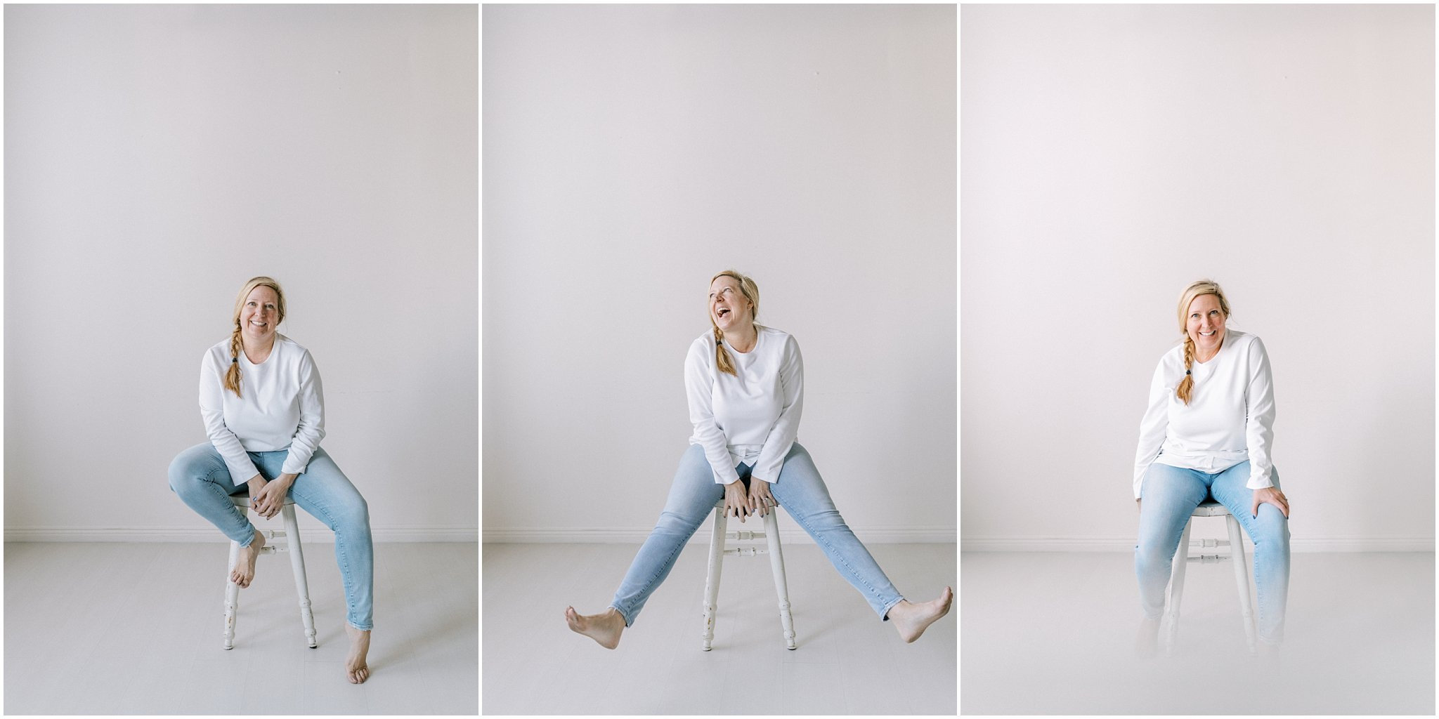 Person in a white shirt and jeans sitting on a stool in a minimal, white room across three panels.