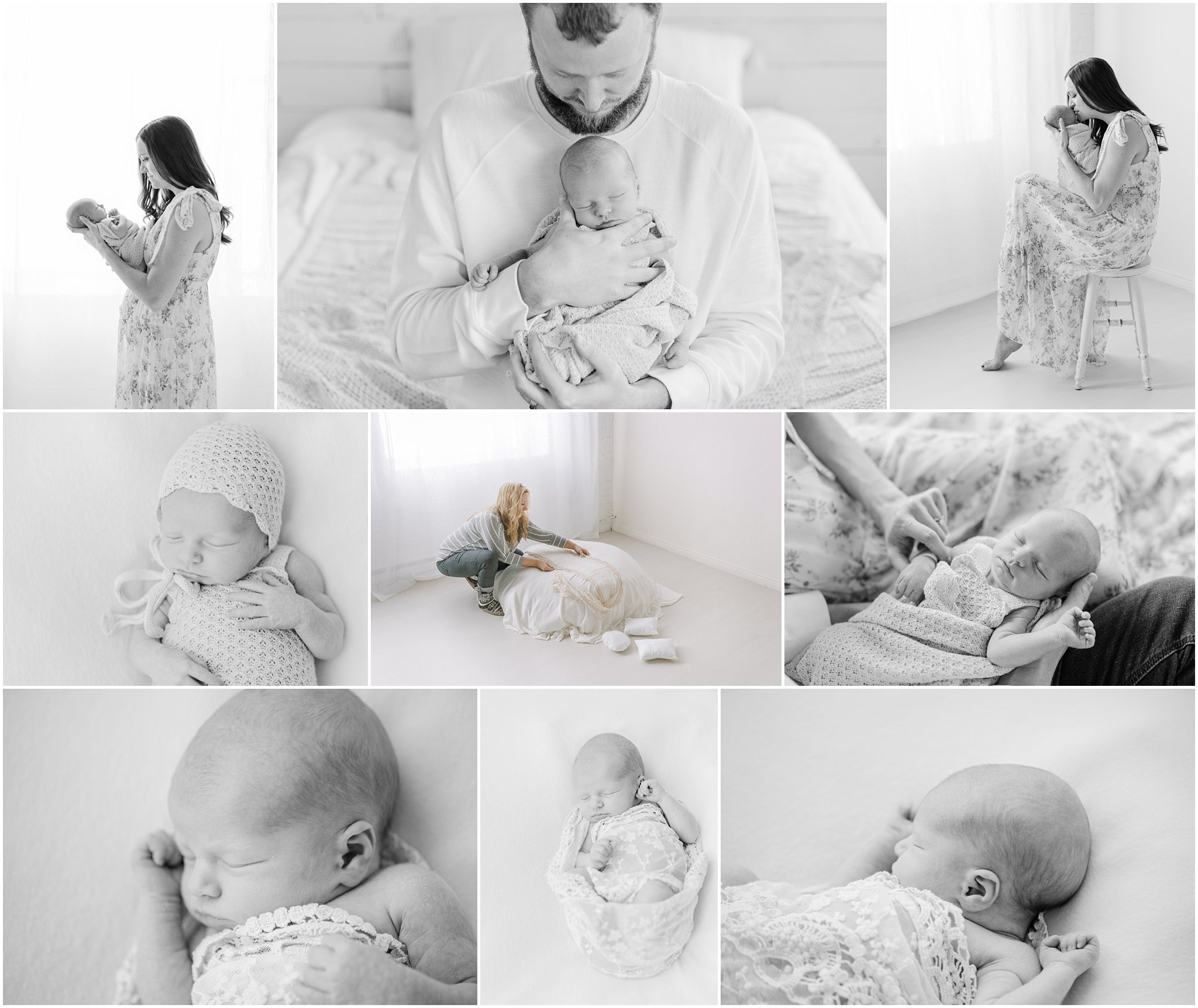 Black and white collage of newborn and parents, showcasing tender moments and sleeping baby wrapped in a blanket.