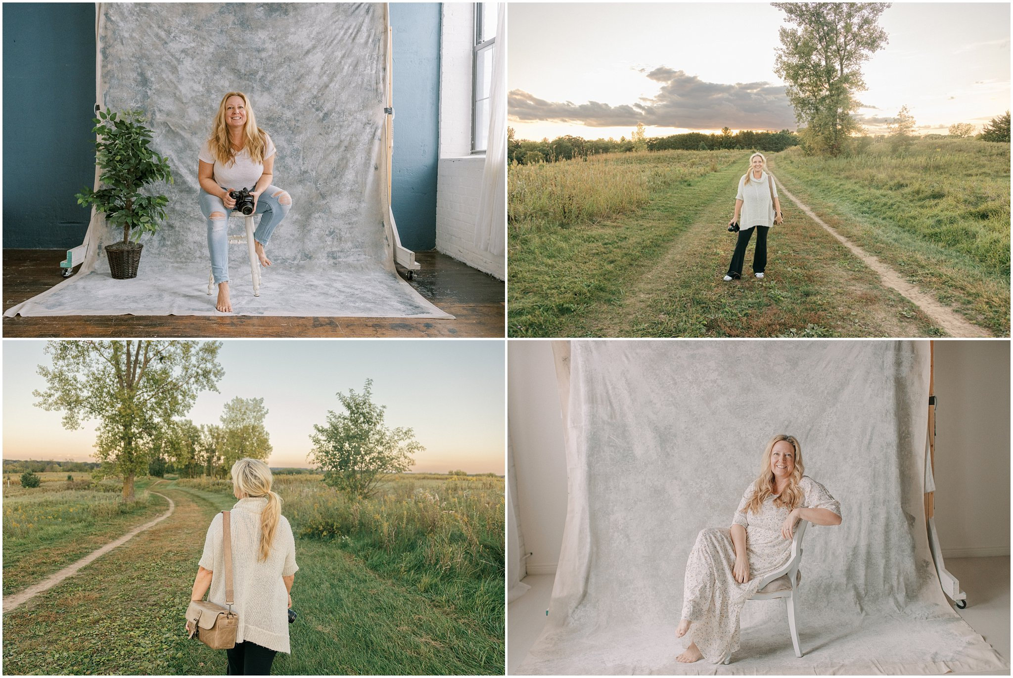 Four images: two with a woman in a studio, sitting on a chair; two outdoors in a field, walking and standing.