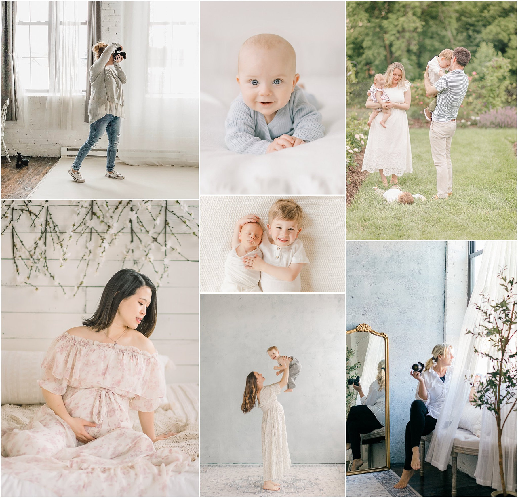 A collage of family moments: parents with children, a baby, maternity scene, and a portrait with a mirror.