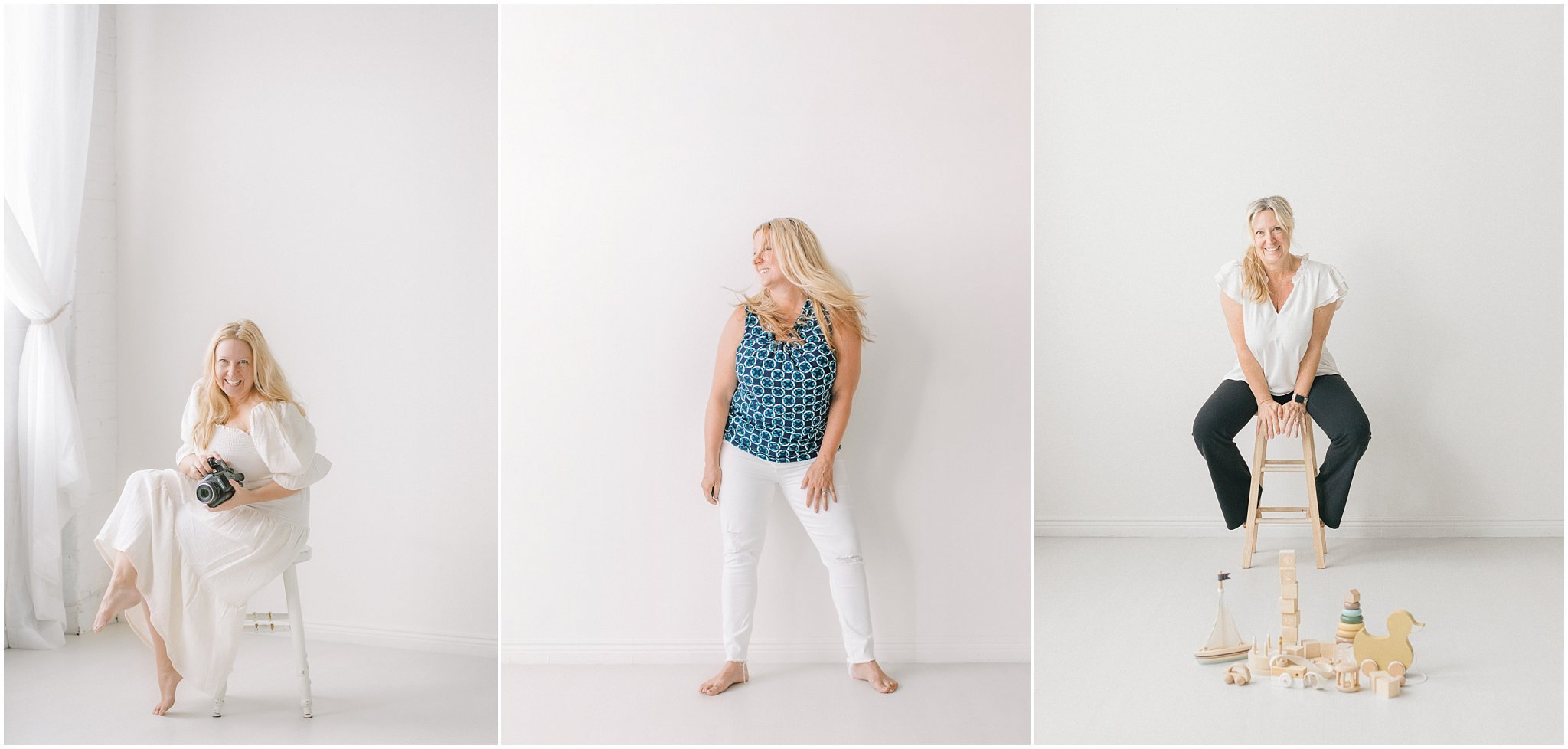 Three portraits of a woman in a white room,, standing, and seated on a stool.