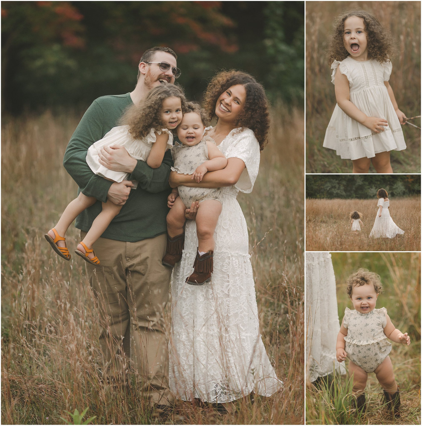Family enjoying time in a field; parents hold two children, while another child plays. Autumn trees in background.