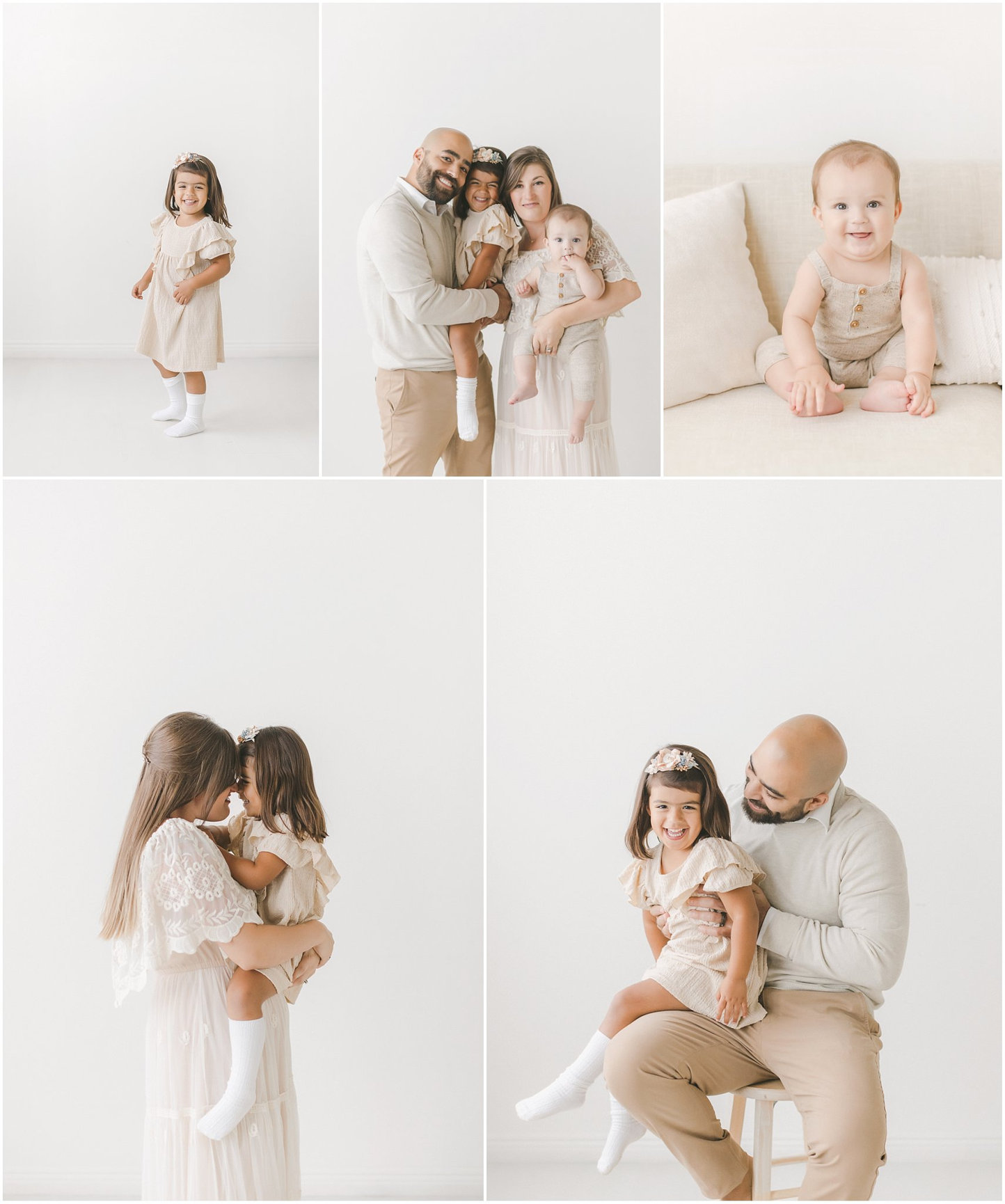 A collage of family portraits featuring a man, woman, two children, and an infant in a neutral-toned studio setting.