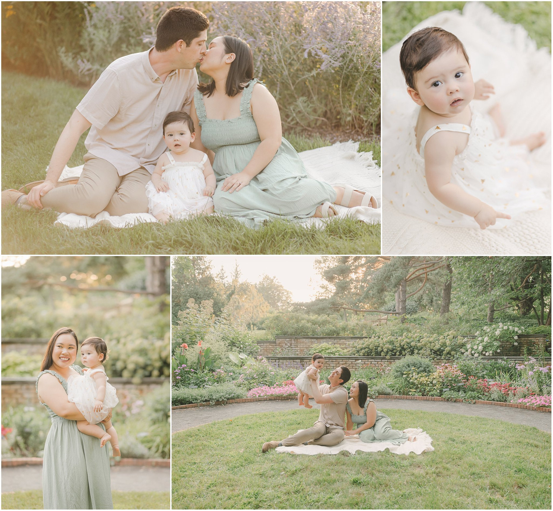 Collage of a family enjoying a garden, with parents sitting on grass and a baby in a white dress.