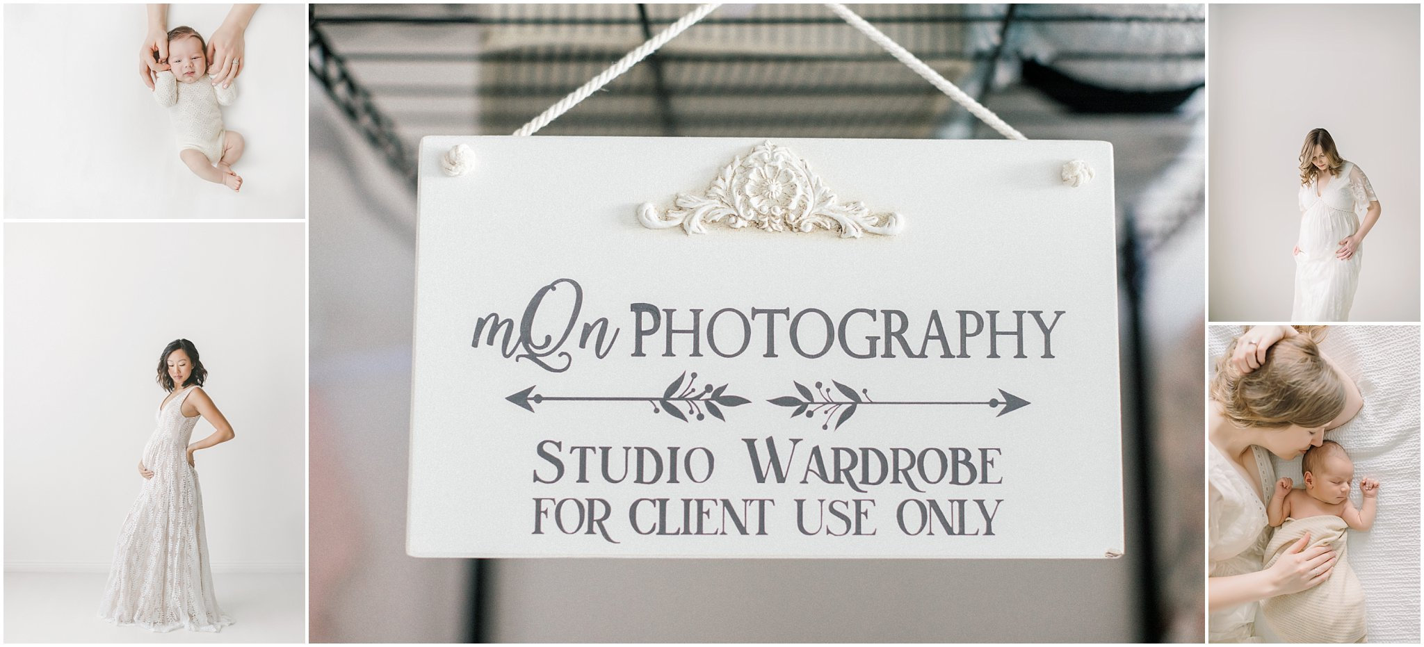 Sign reading Photography Studio Wardrobe for Client Use Only with photos of women in dresses on the wall.