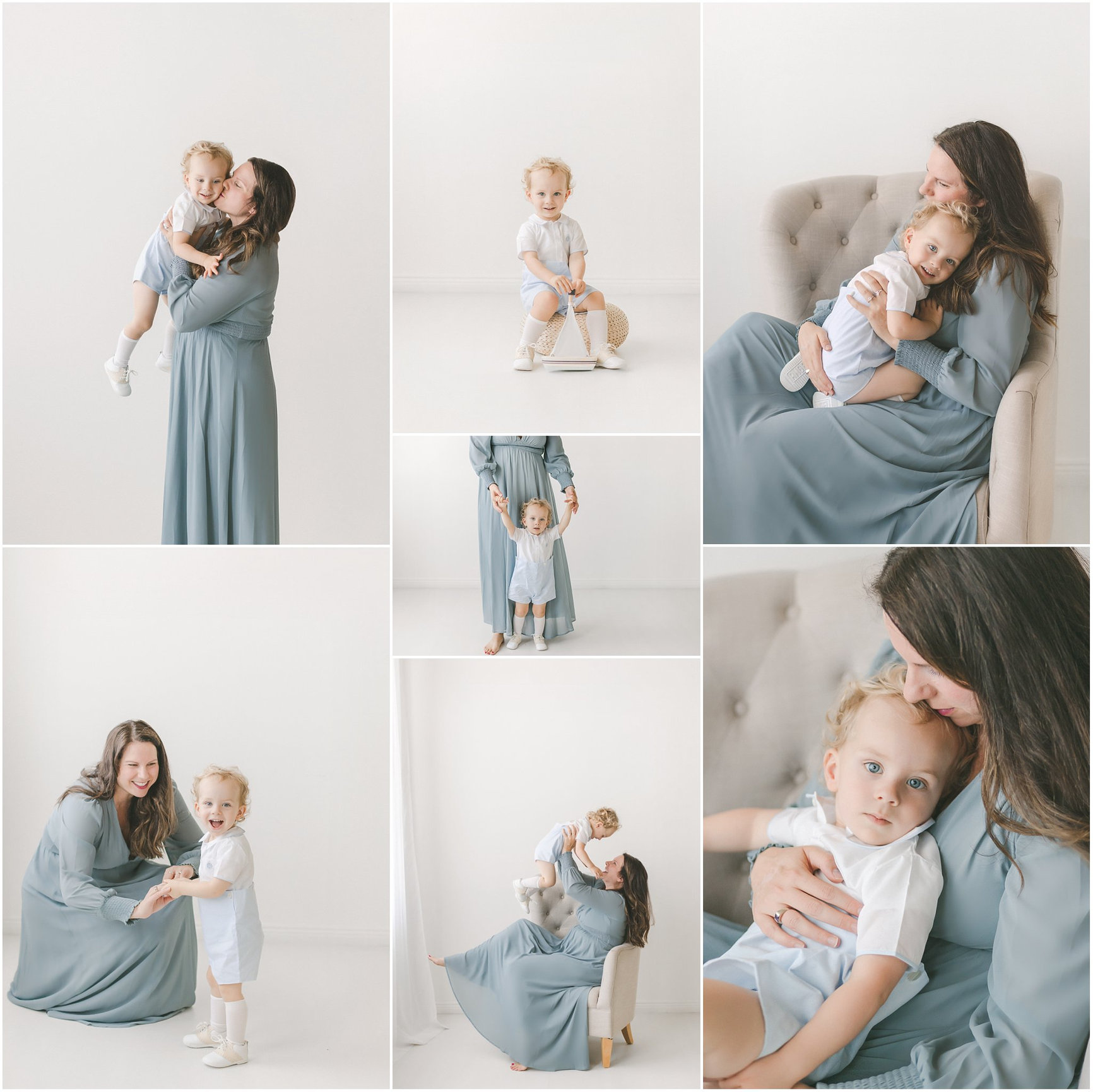A collage showing a woman in a blue dress with a young child, posing affectionately in a bright, neutral setting.