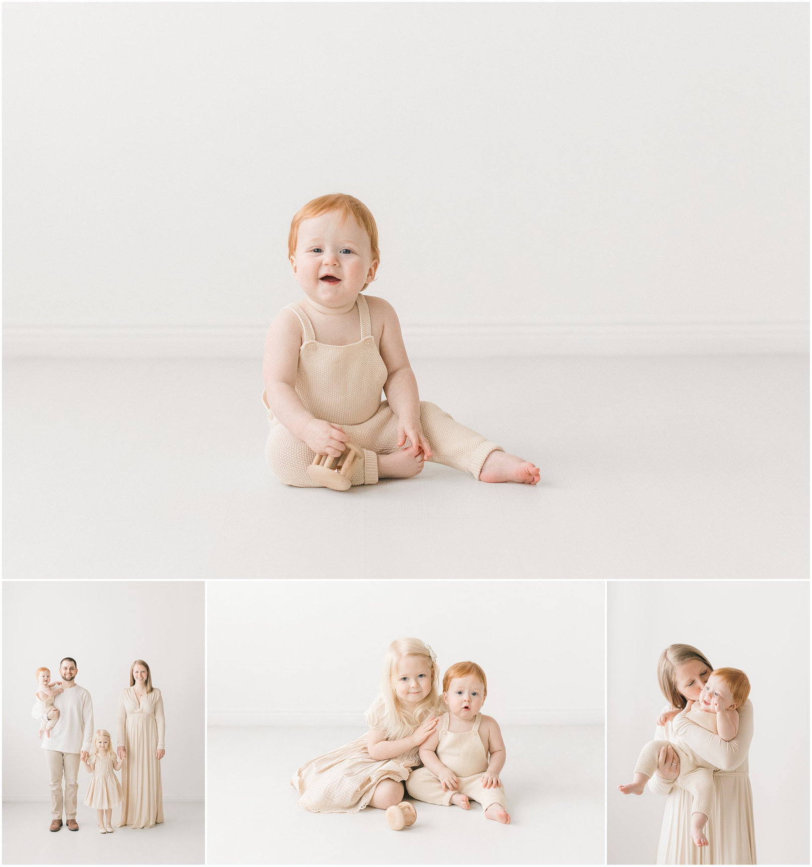 Baby in neutral outfit sitting, with smaller images of siblings hugging and posing together.