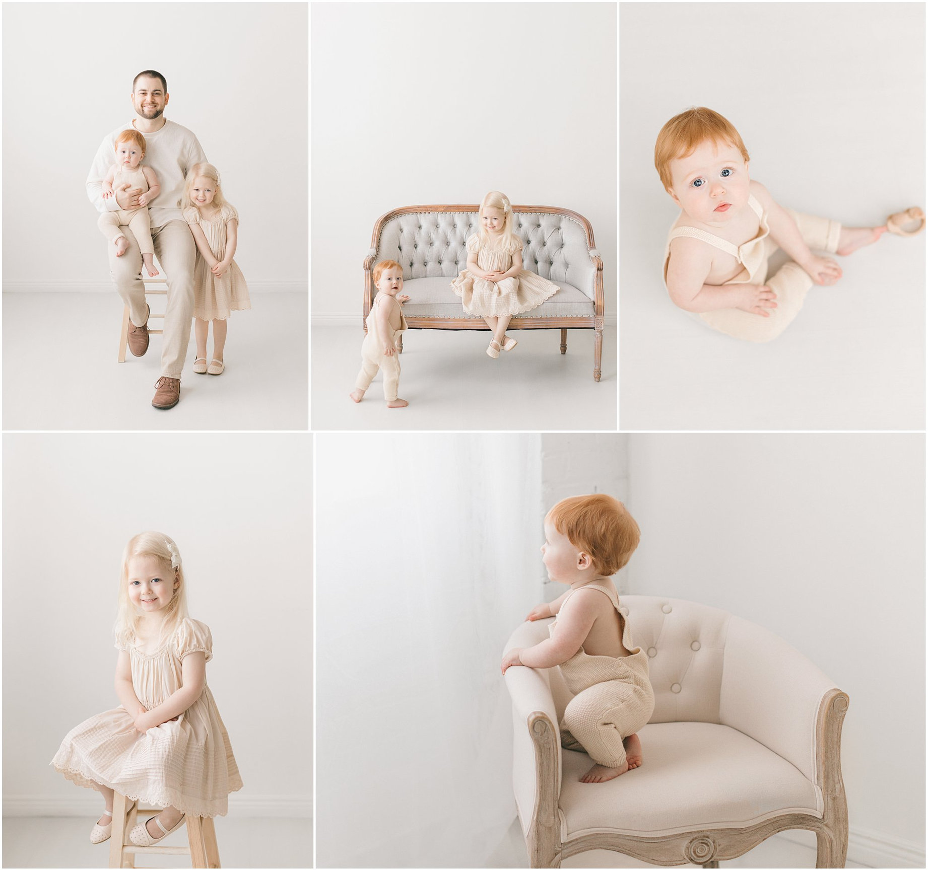 Collage of children and a man in light clothing posing against a white background in a studio setting.