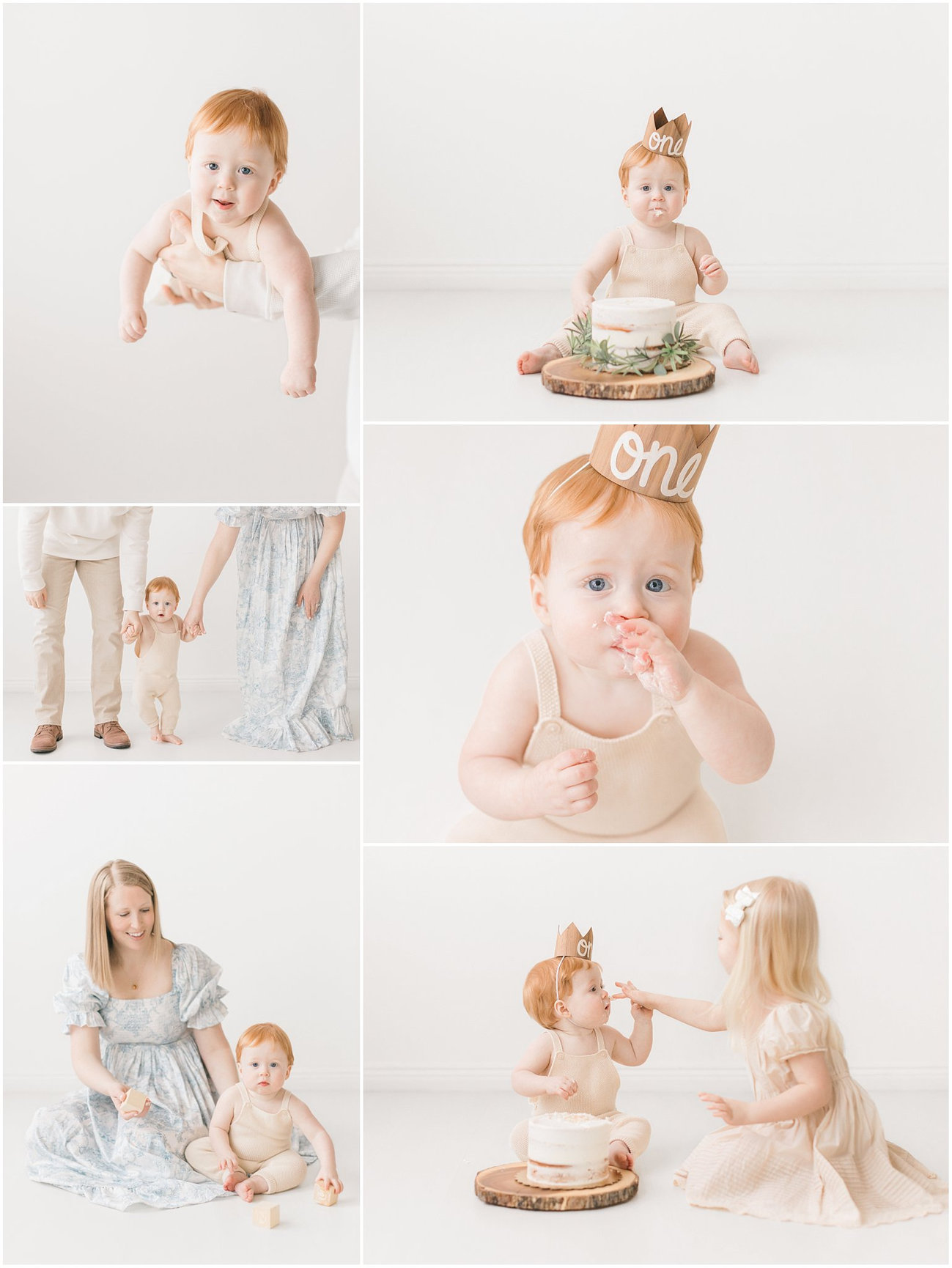 Collage of babies celebrating with a cake, family moments, and playful interactions in a bright setting.