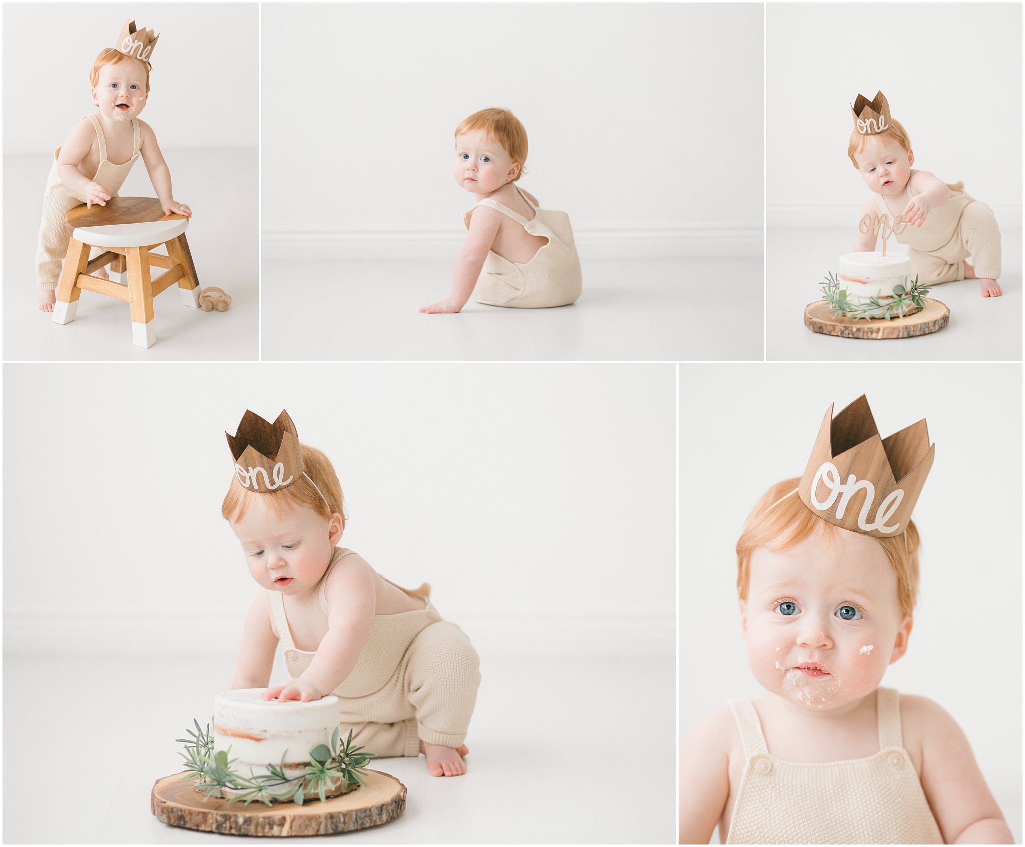Collage of a baby with red hair wearing a crown, celebrating a first birthday with a cake on a wooden stand.