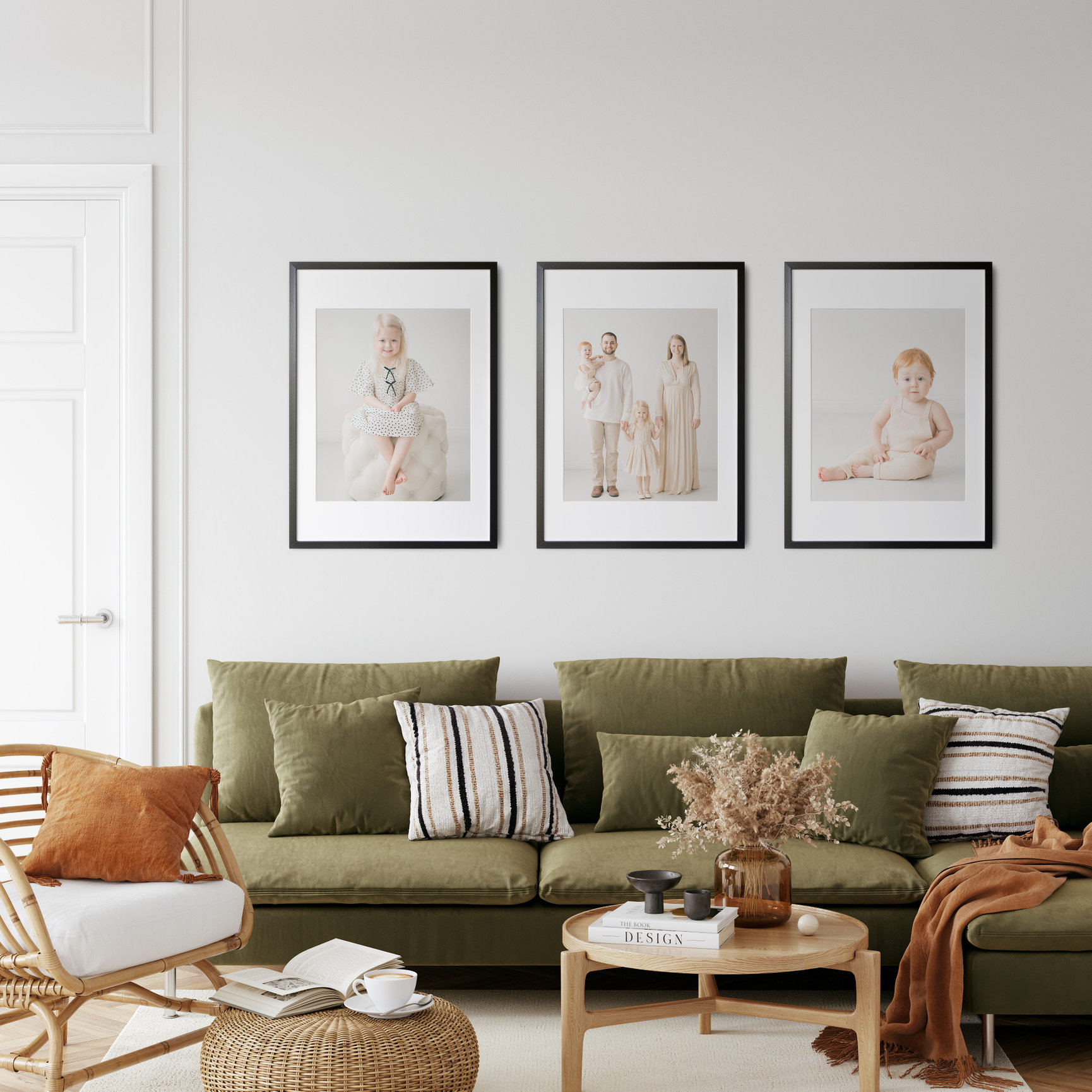 Living room with green sofa, decorative pillows, and framed artwork on the wall. Natural decor elements and soft lighting.