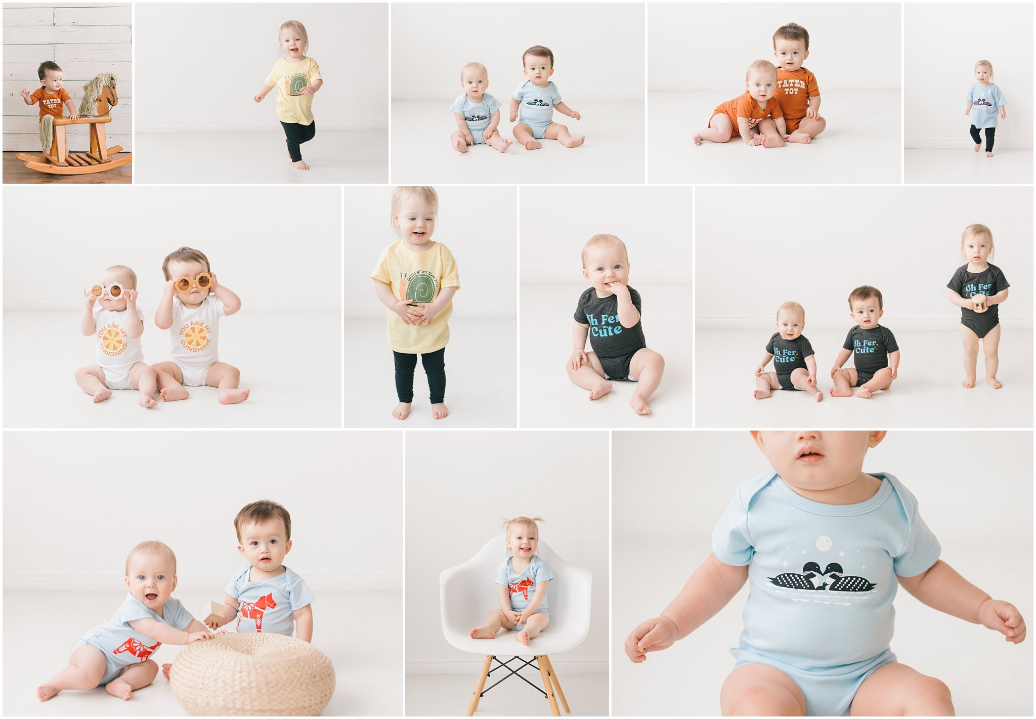 Collage of toddlers wearing various colorful outfits, sitting and standing in a bright, minimalistic setting.
