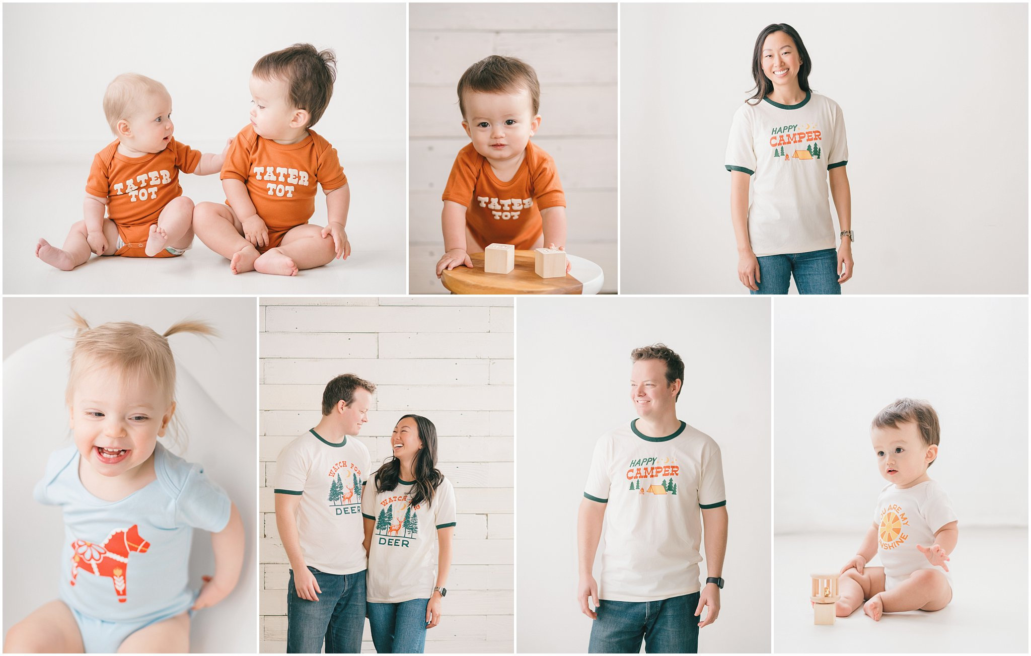 Collage of a family with young children in casual outfits, white background, various poses.