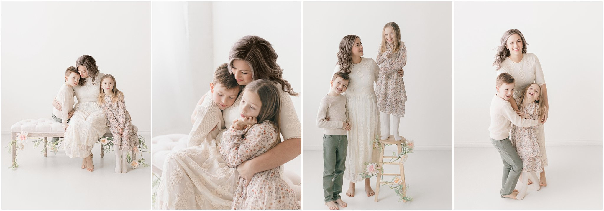 A mother with two children in a bright studio, featuring tender interactions and neutral tones.