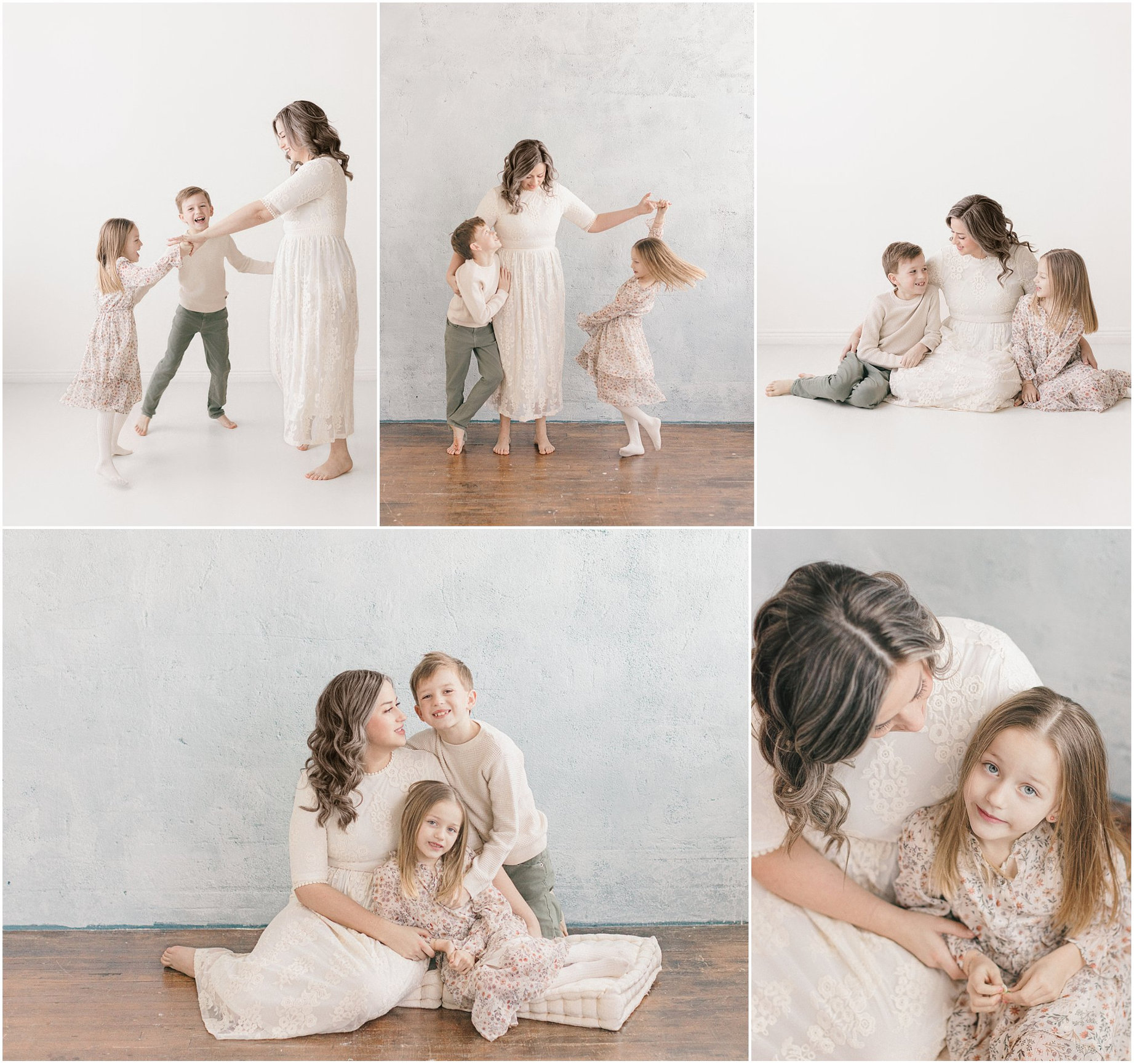 Family in neutral attire; dancing, sitting, and sharing tender moments in a bright, soft-lit setting.