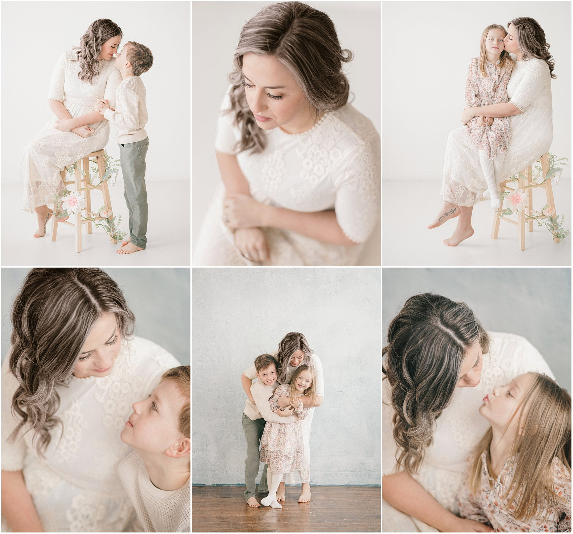 A mother and child share tender moments; embracing, sitting closely, and gazing at each other lovingly.