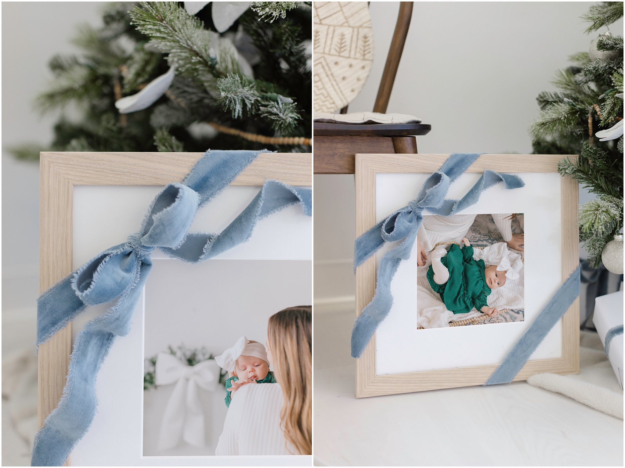 Two framed photos with blue ribbon bows, placed near a Christmas tree.
