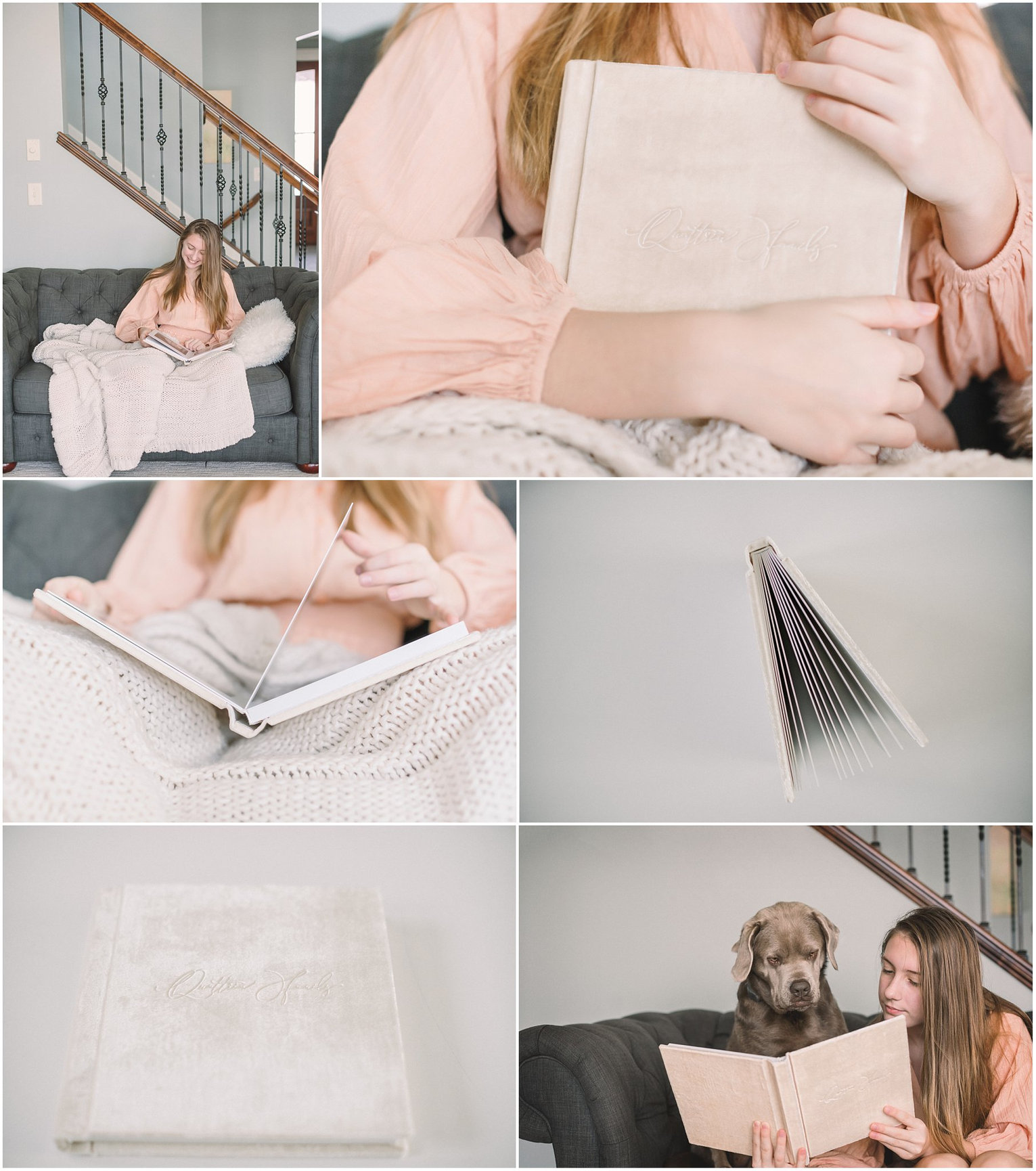Collage of a person reading a book on a couch, holding pages, and a dog nearby. Cozy reading atmosphere.
