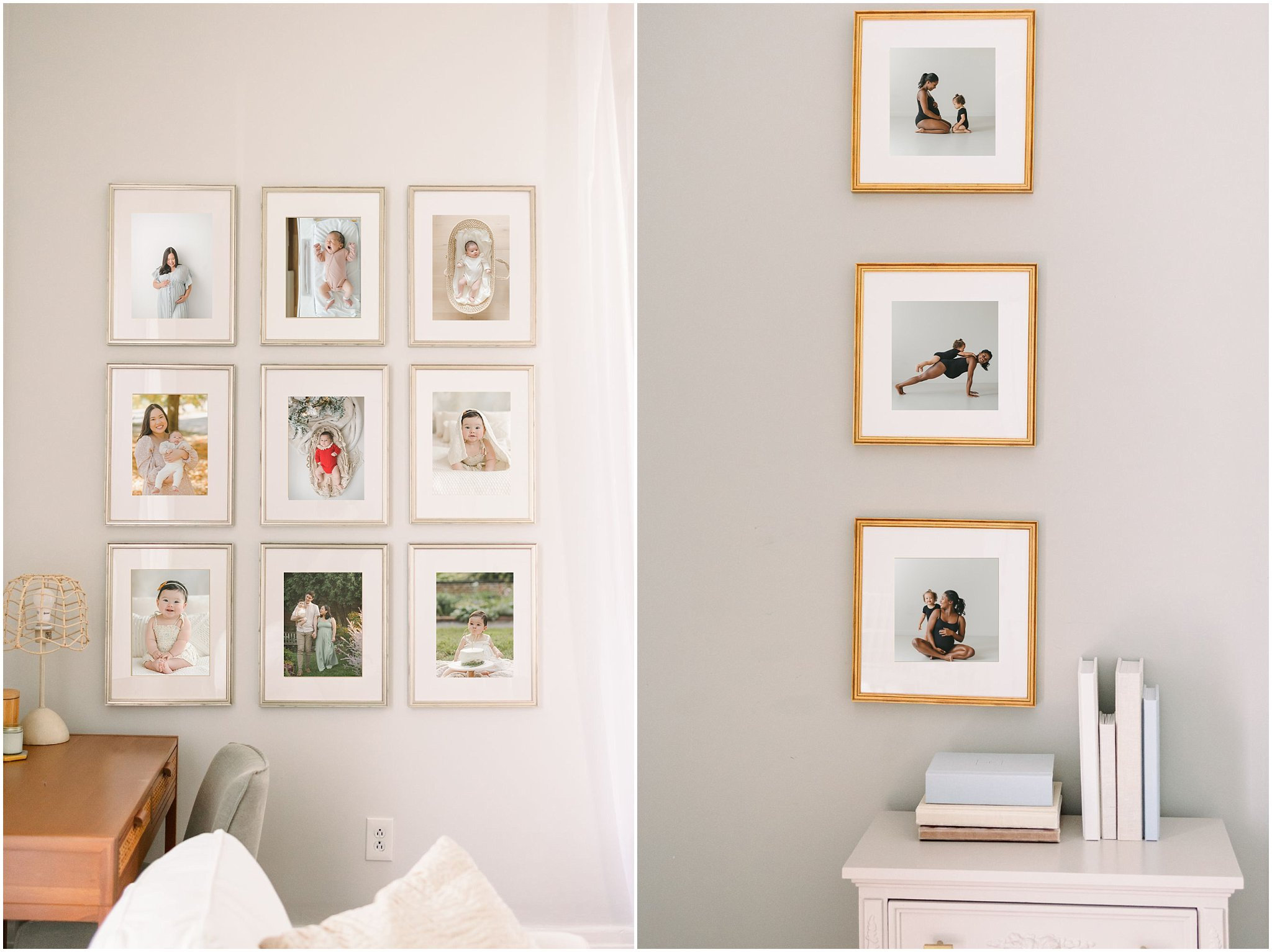 Two walls with framed photos: left wall has nine, right wall has three. Desk and books below the frames. Minimalist style.