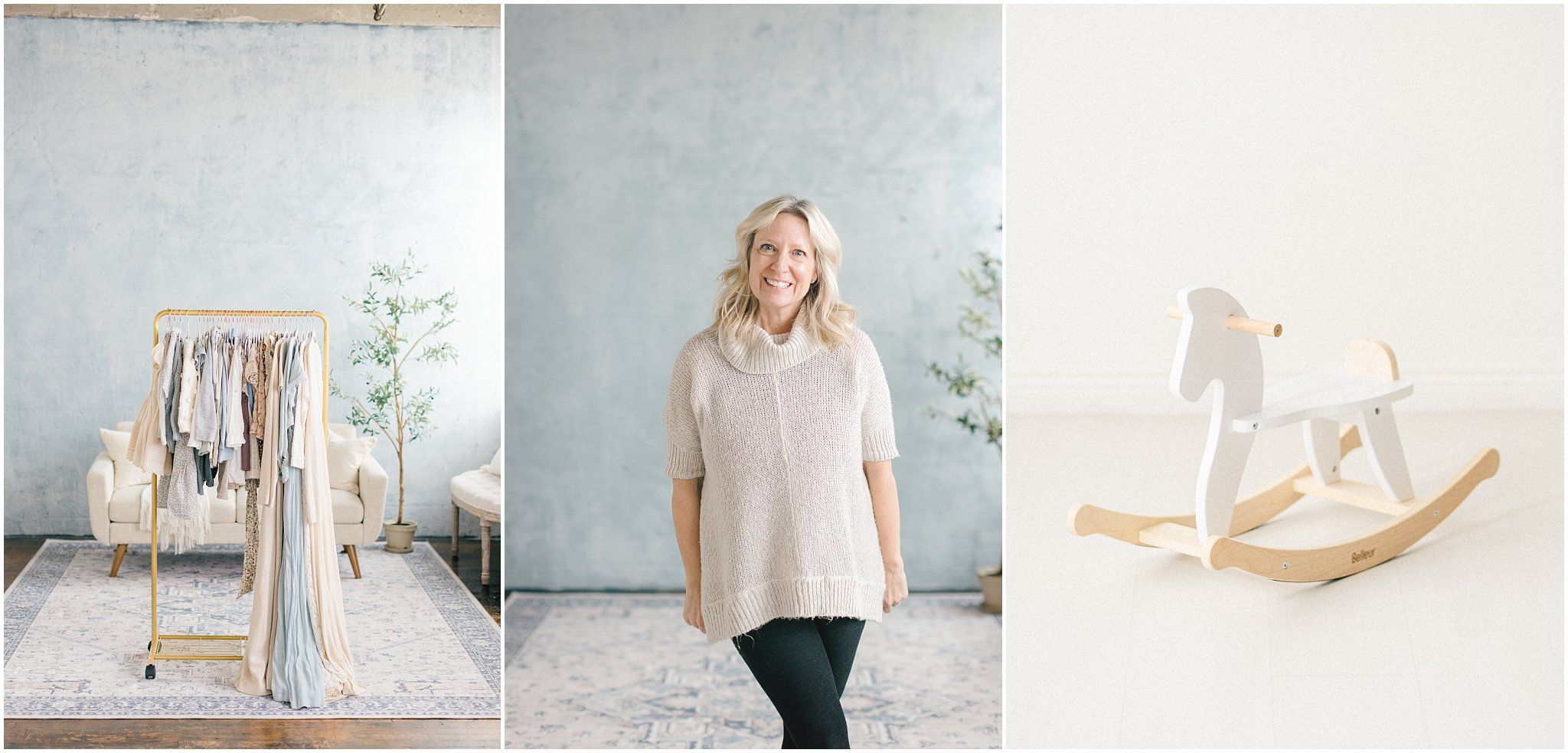 Three-panel image: clothes rack, smiling woman, white wooden rocking horse on light background.